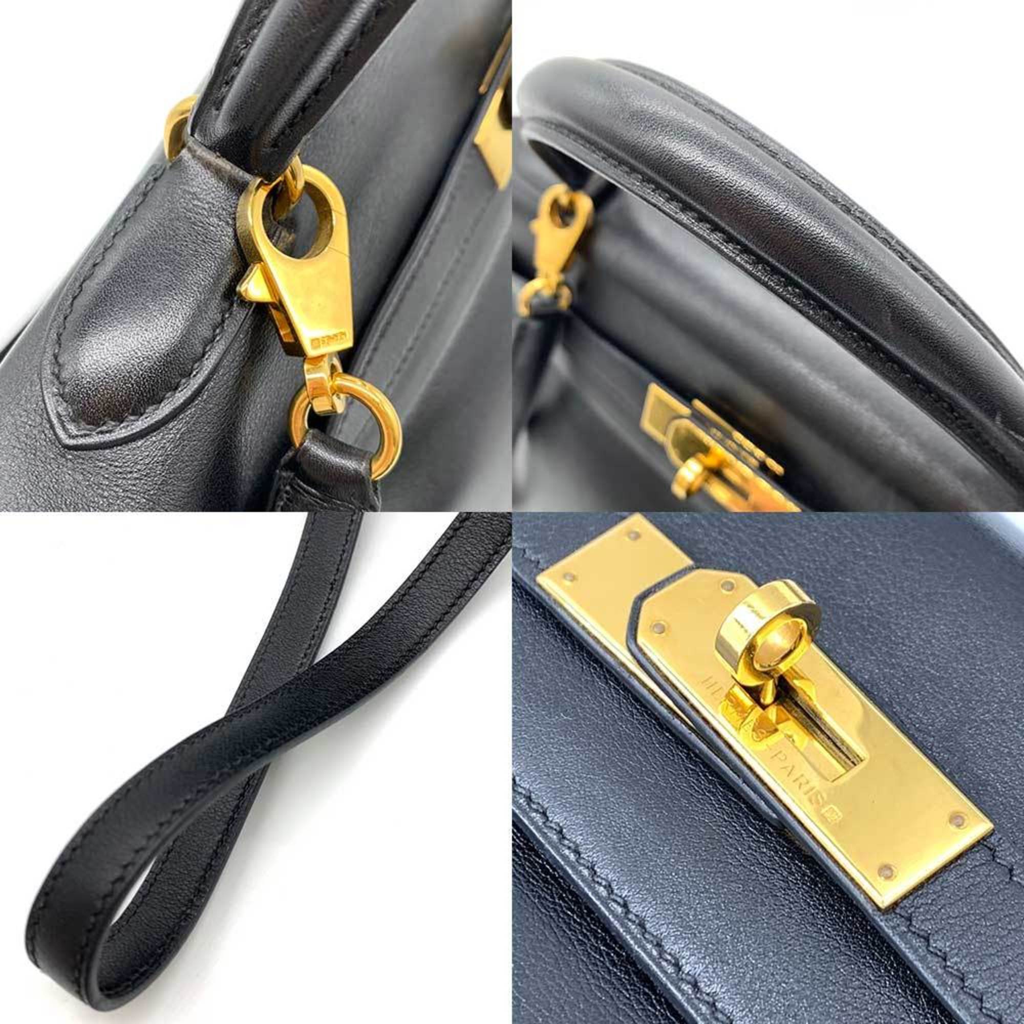 Hermes Bag Kelly 32 Inner Sewing Black Handbag Shoulder Ladies Voga River Leather □C Stamp HERMES