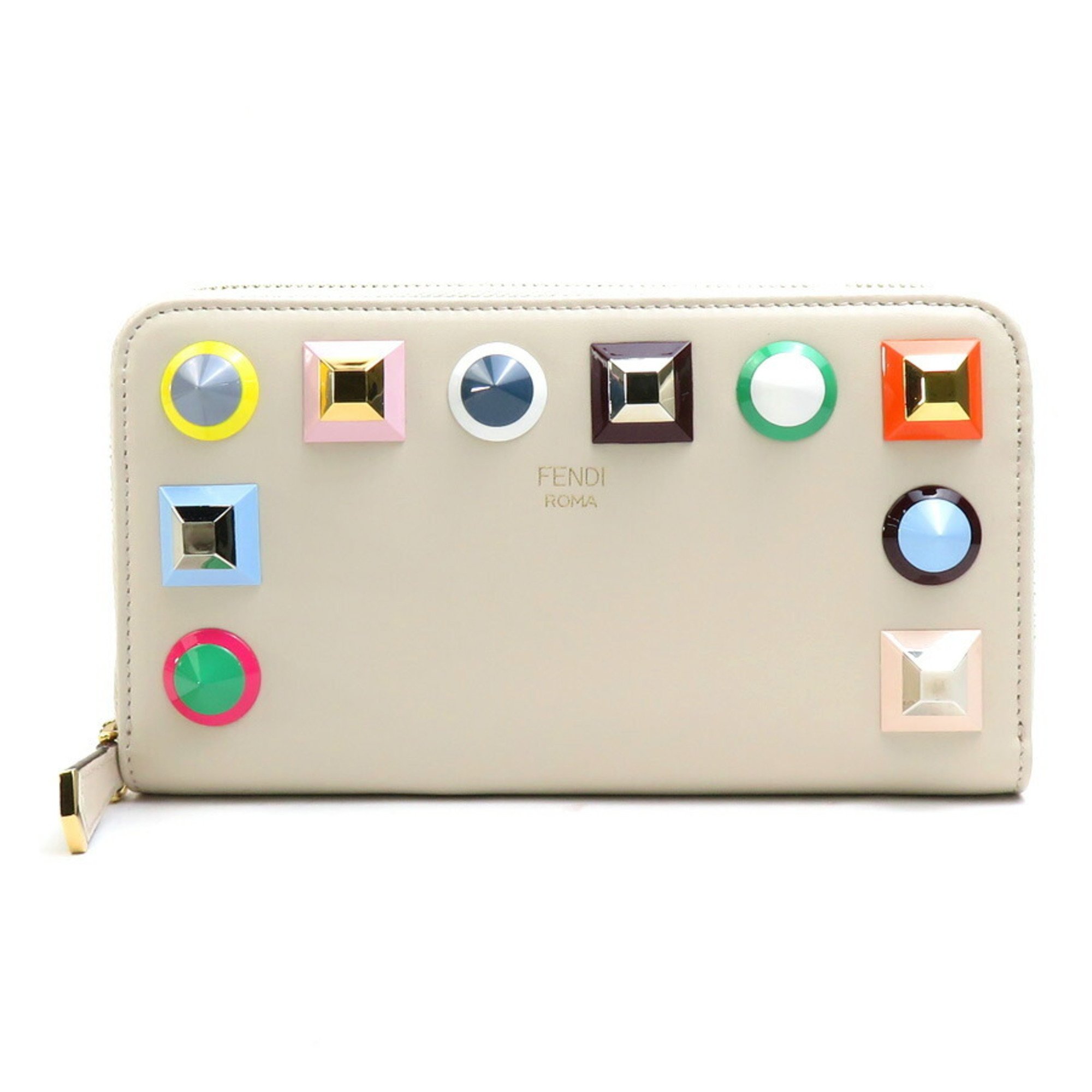 FENDI Round Zipper Long Wallet Studded Leather/Metal Ivory/Multicolor Women's