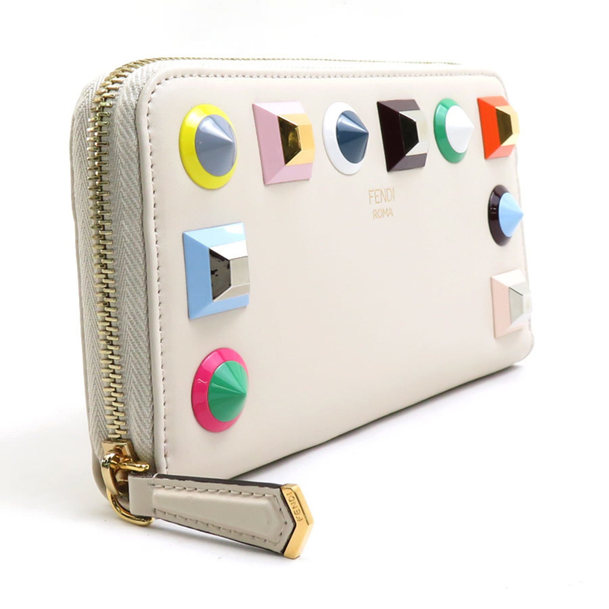 FENDI Round Zipper Long Wallet Studded Leather/Metal Ivory/Multicolor Women's