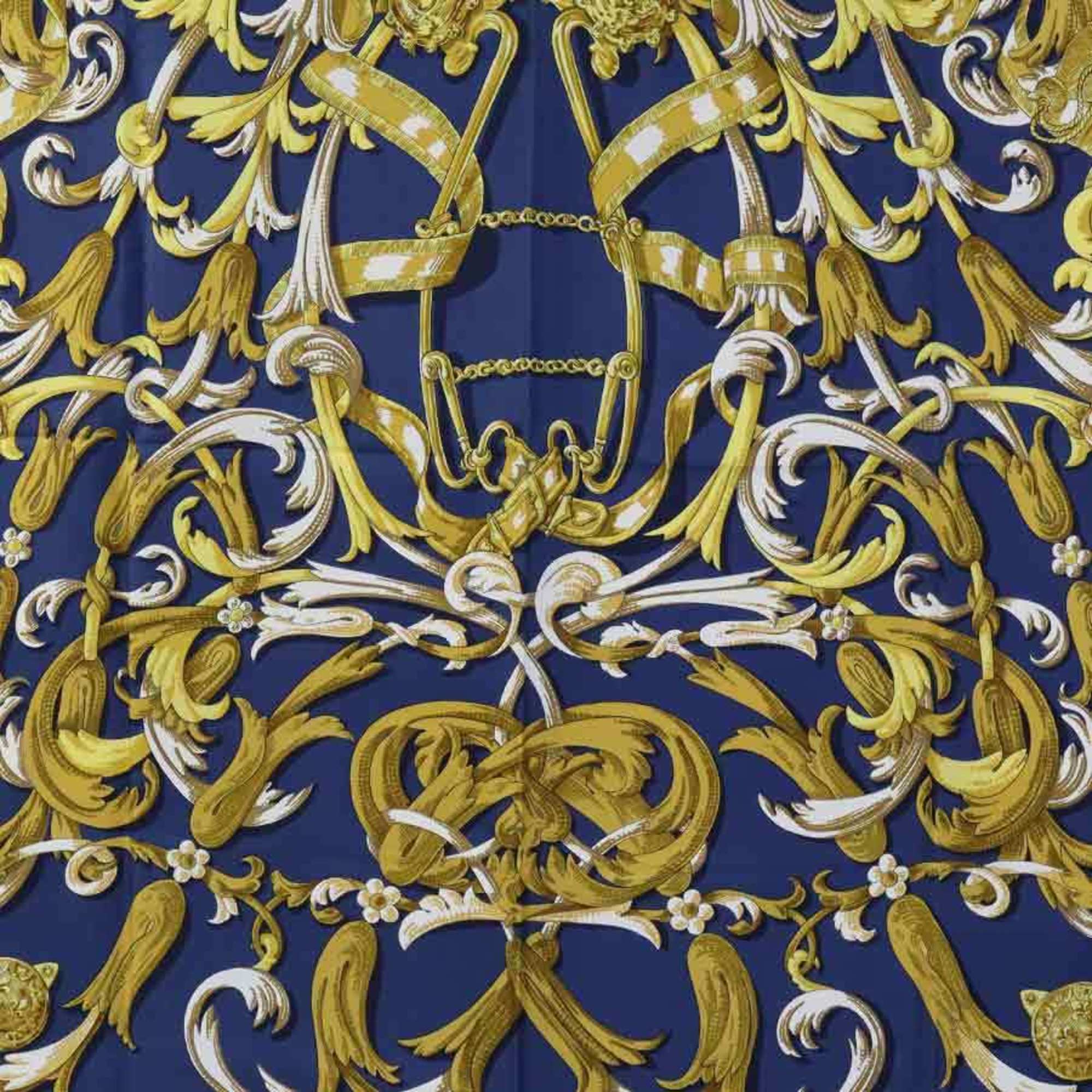 HERMES Scarf Carre90 LE MORS A LA CONETABLE Silk Navy/Gold/White Ladies