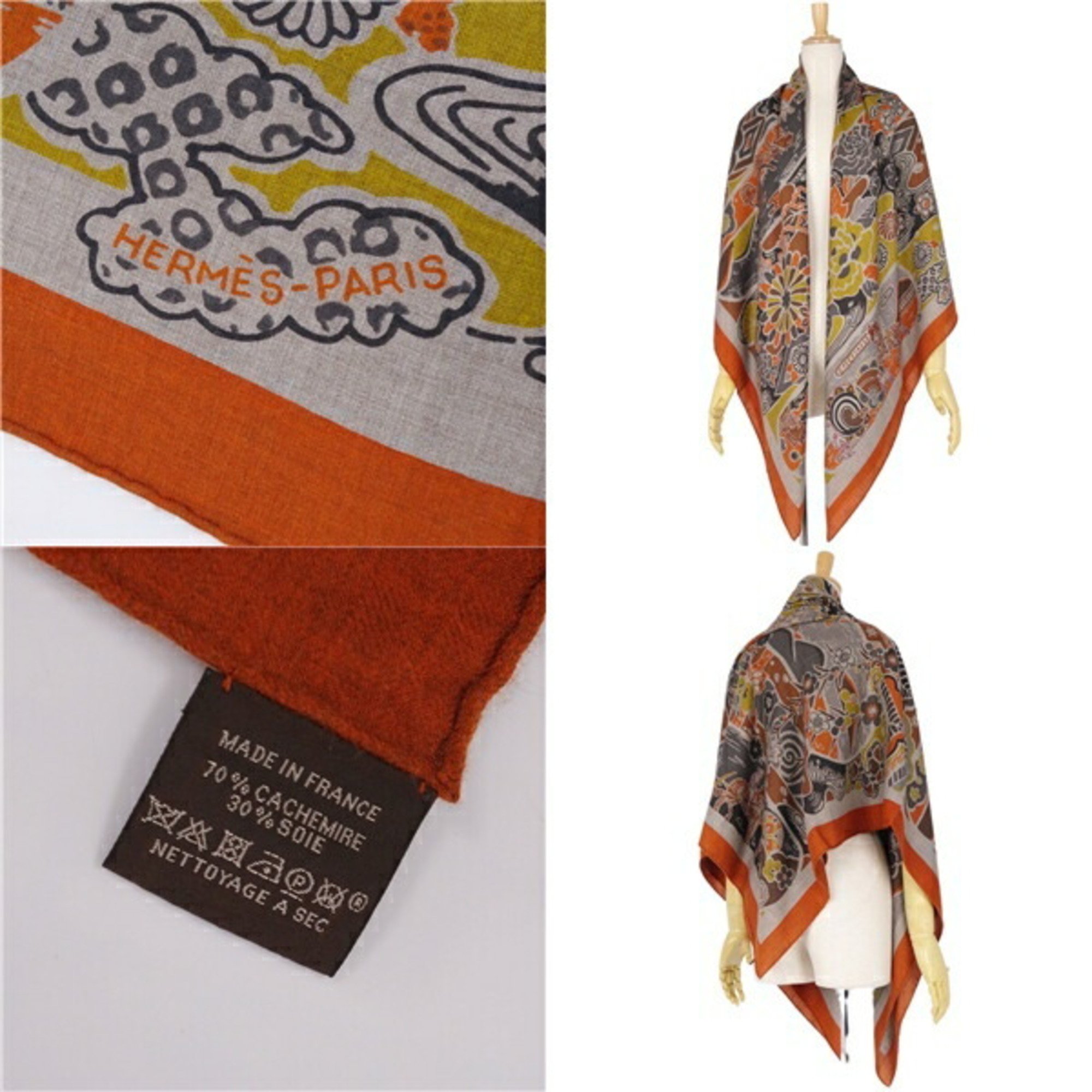 HERMES Scarf Muffler Carre140 BINGATA Bingata Ryukyu Okinawa Stole Shawl Cashmere Silk Ladies Multicolor