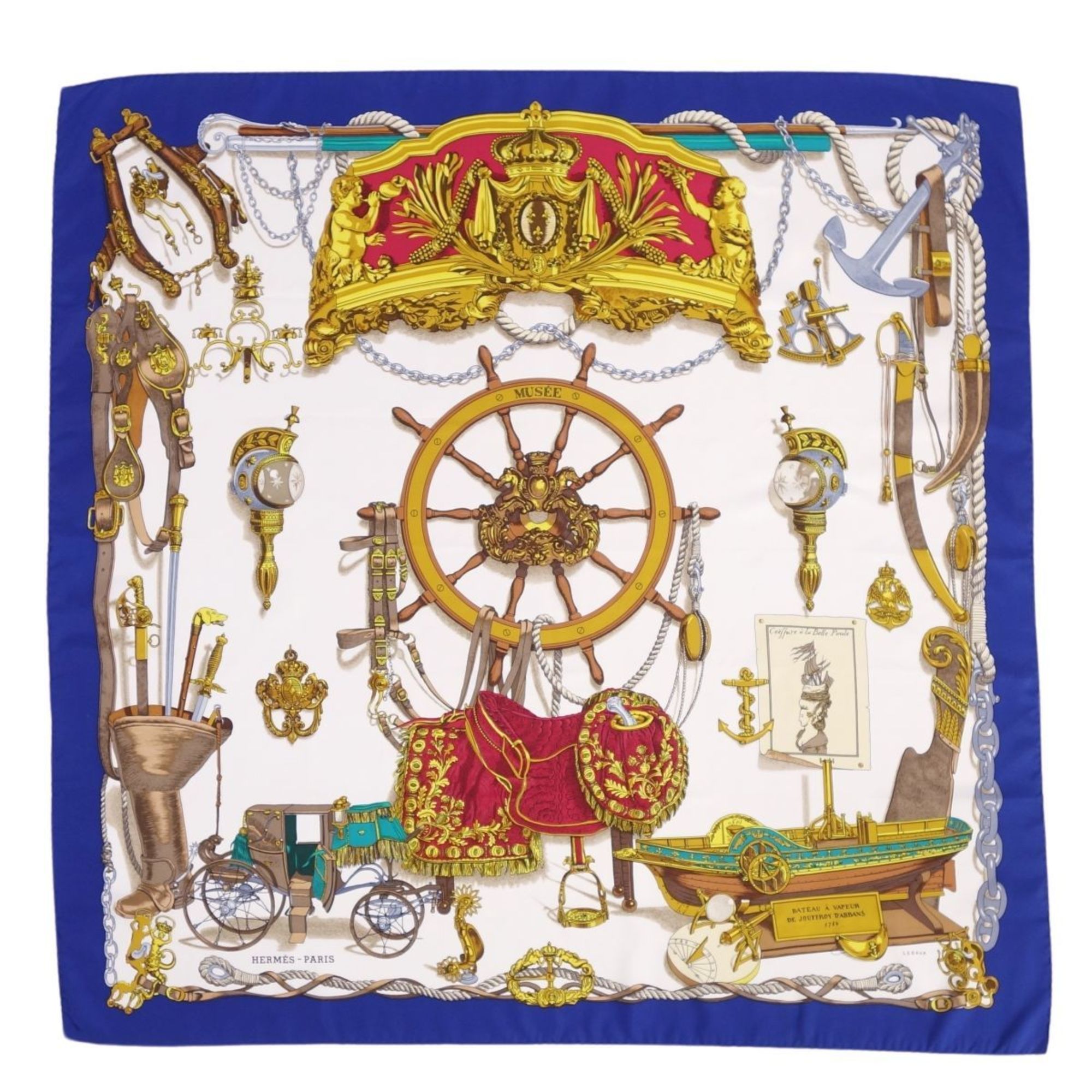 HERMES Scarf Muffler Carre90 BATEAU A VAPEUR DE JOUFFROY DABBANS Steamboat 100% Silk Ladies Multicolor