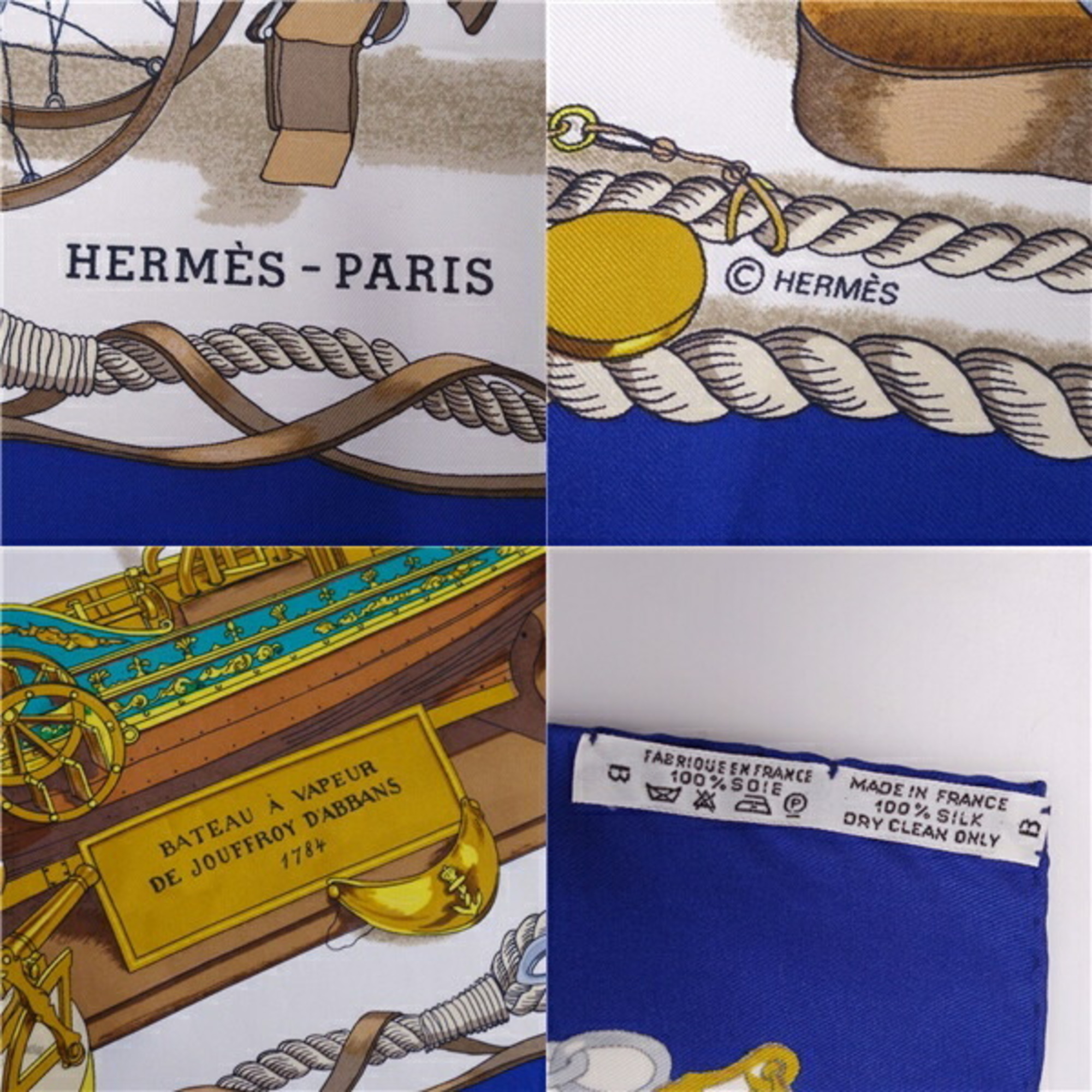 HERMES Scarf Muffler Carre90 BATEAU A VAPEUR DE JOUFFROY DABBANS Steamboat 100% Silk Ladies Multicolor