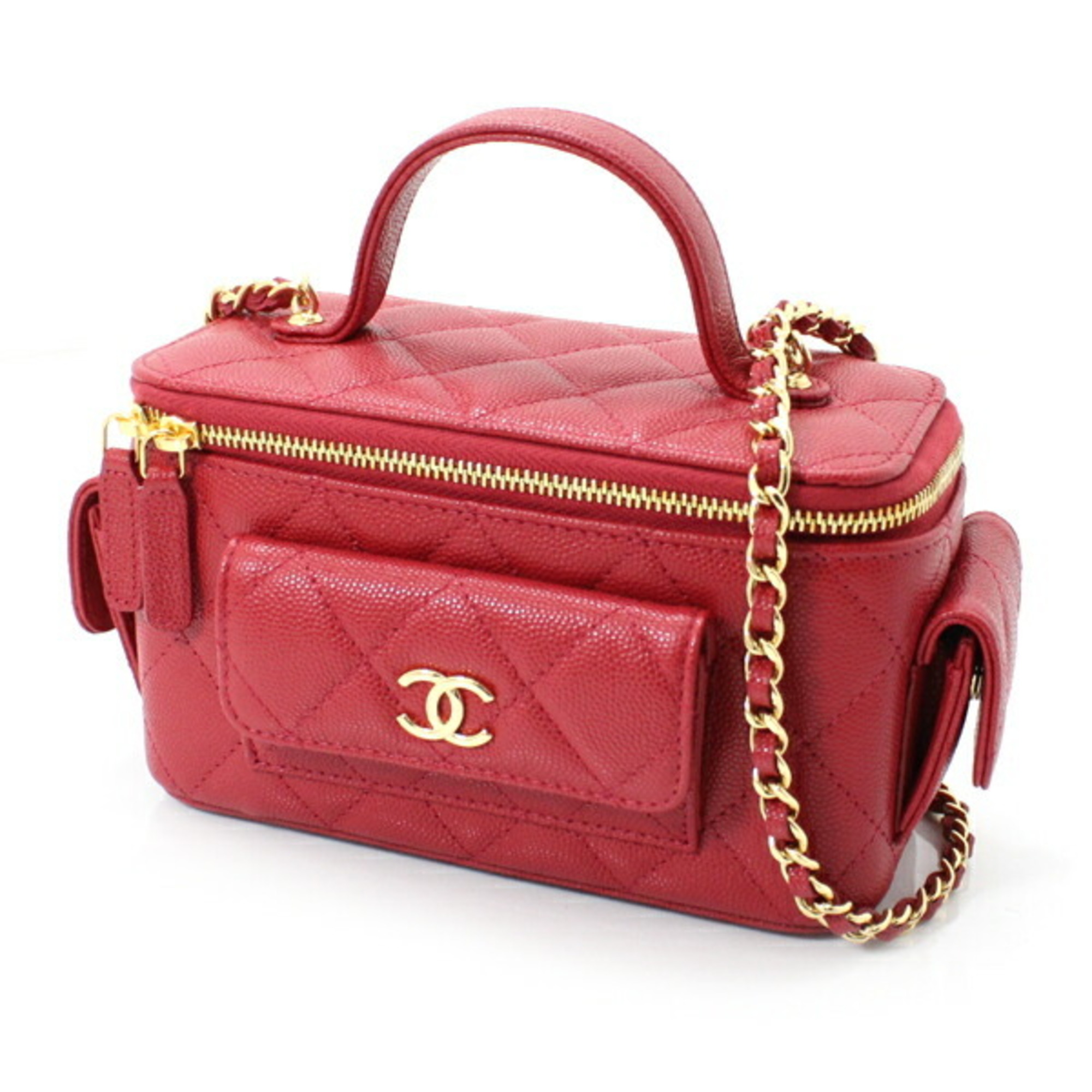CHANEL Shoulder Bag 2way Chain Handle Matelasse Coco Mark Caviar Skin Red AP3017 Vanity Clutch Ladies Handbag T3477-y
