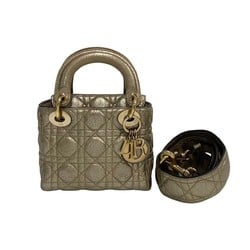 Christian Dior Lady Cannage Leather 2way Handbag Shoulder Bag Silver 28101