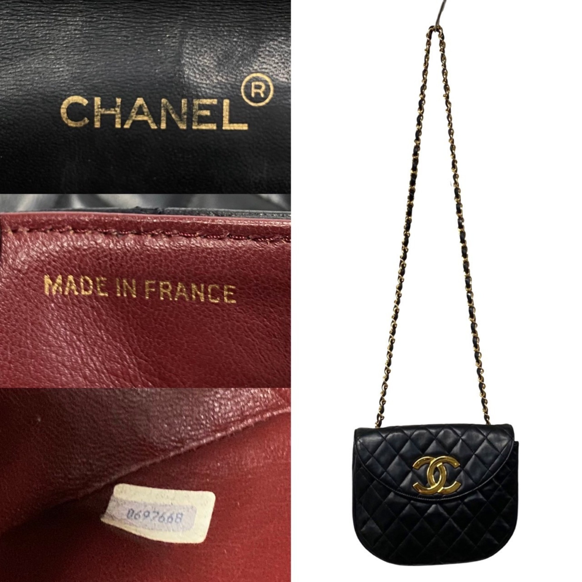 CHANEL Chanel Matelasse Coco Mark Metal Fittings Lambskin Leather Chain Mini Shoulder Bag Black 85577