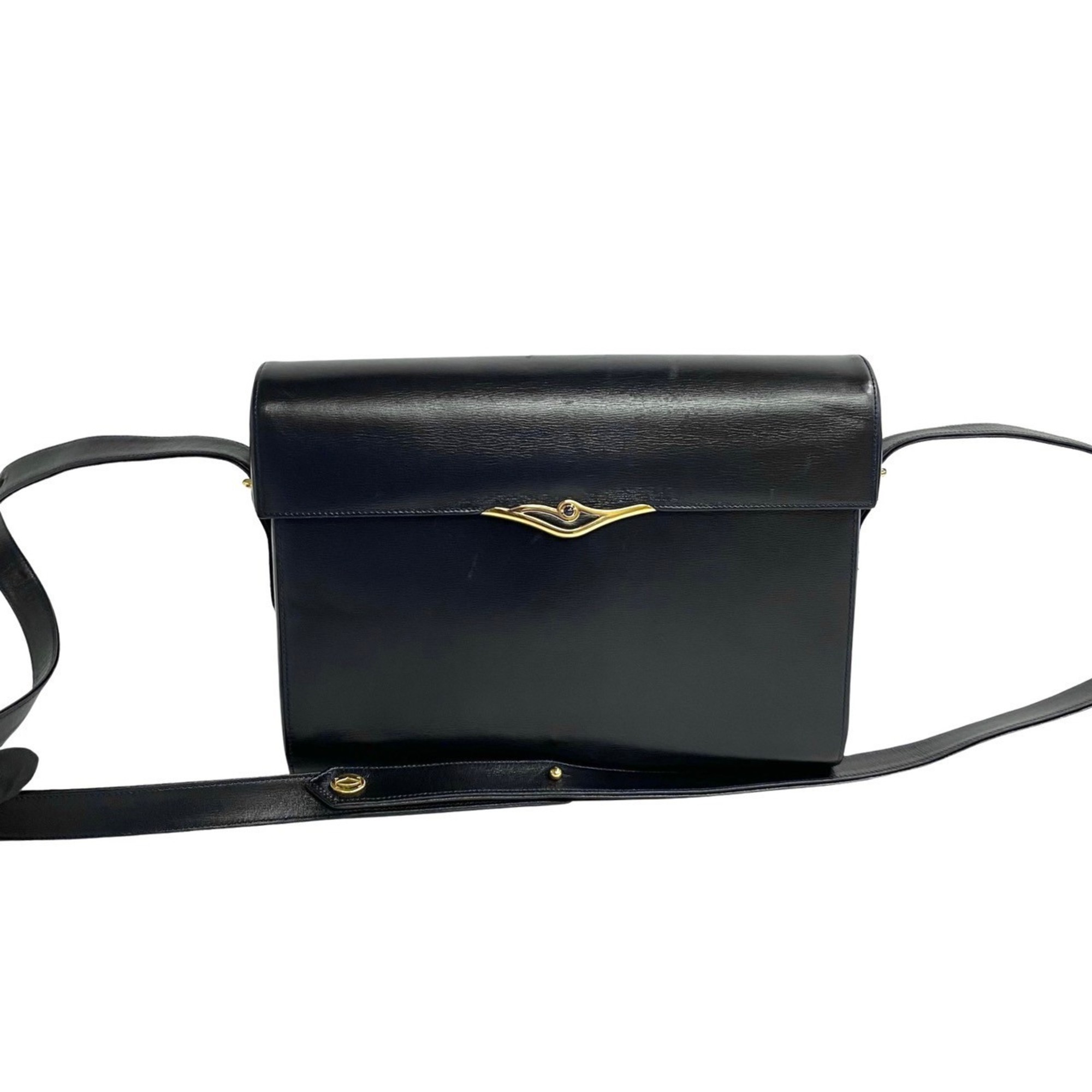 CARTIER Vintage Sapphire Line Calf Leather Genuine 2way Semi Shoulder Bag Pochette Navy 08070 eLADY Globazone