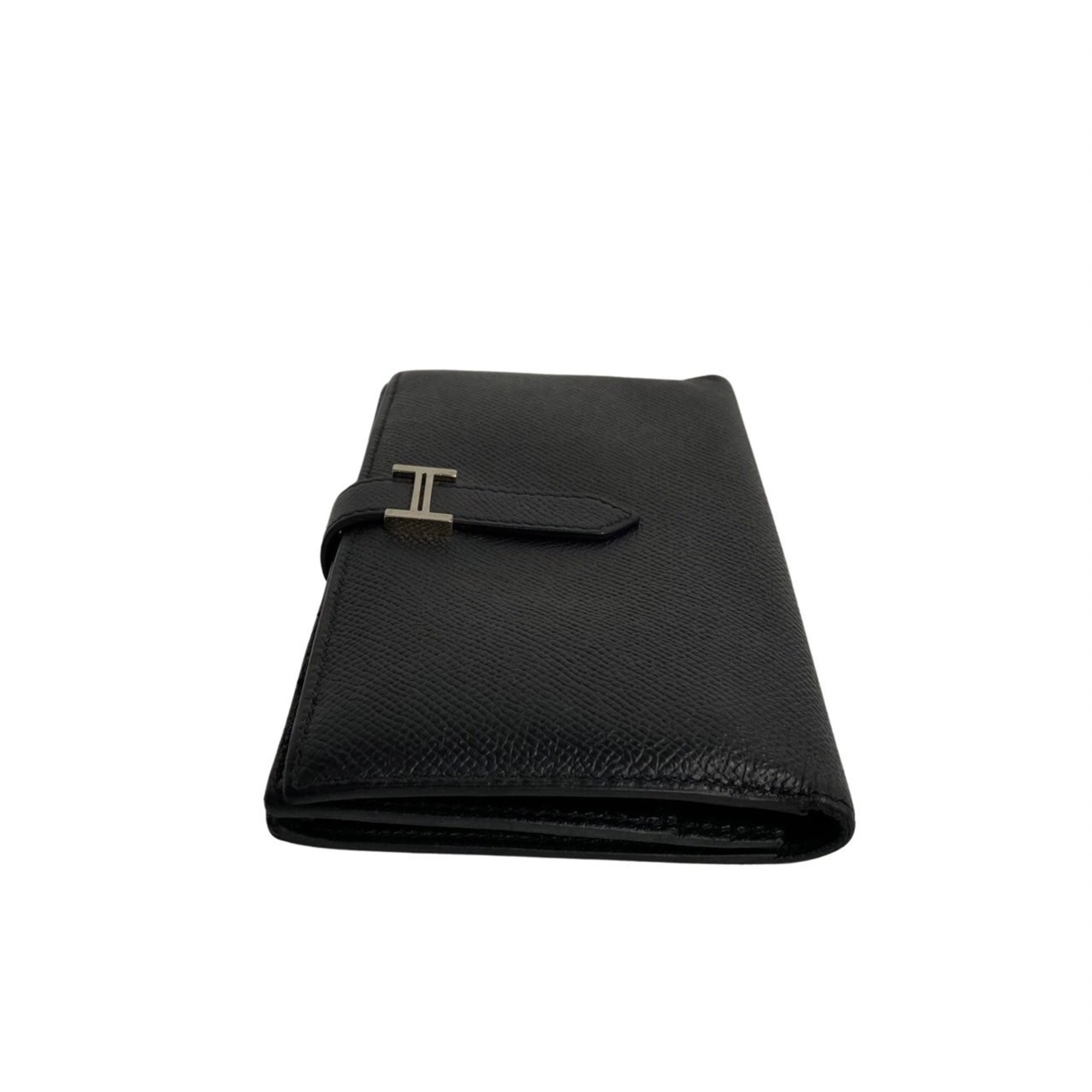 HERMES Bear Soufflé Logo Metal Fittings Vaux Epson Leather Bifold Long Wallet Black 15846