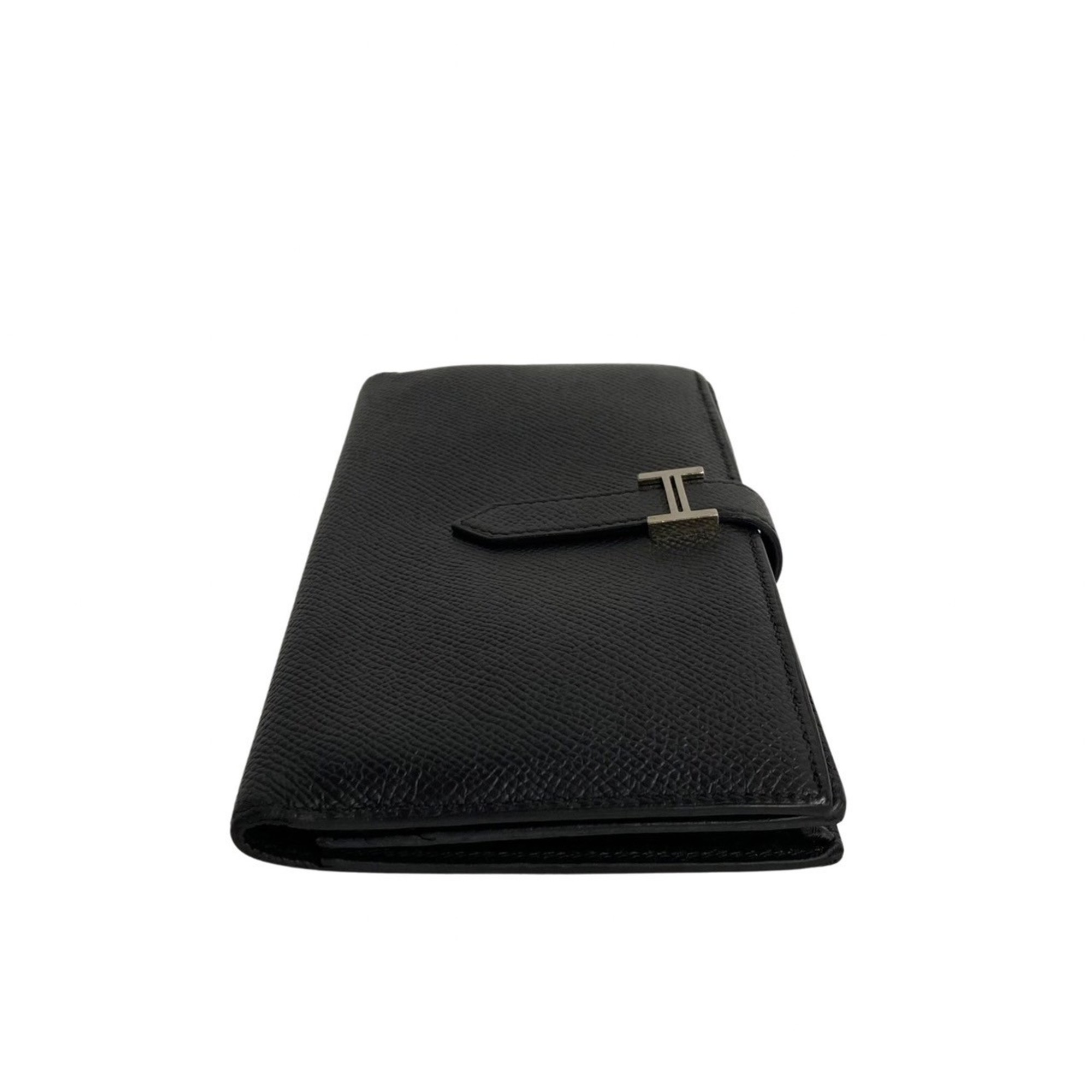 HERMES Bear Soufflé Logo Metal Fittings Vaux Epson Leather Bifold Long Wallet Black 15846