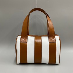 CELINE Vintage Logo Hardware Striped Leather Handbag Mini Boston Bag Brown White 27915
