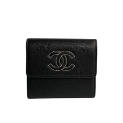 CHANEL Caviar Skin Leather Genuine Coco Mark Bifold Wallet Black 89996
