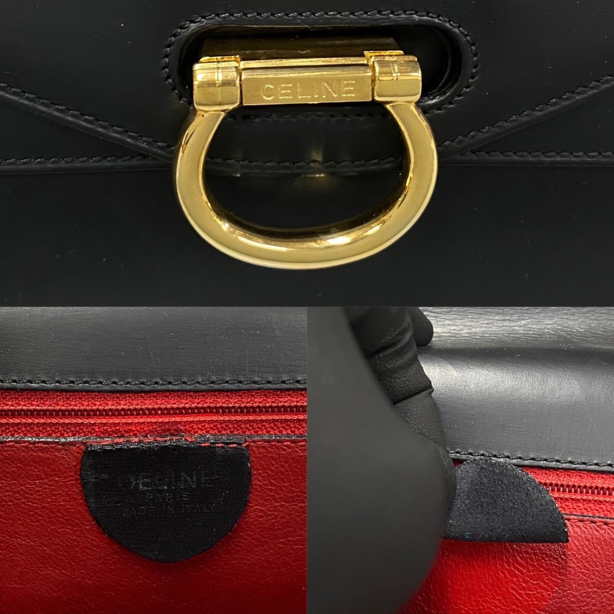 CELINE Vintage Logo Hardware Calf Leather Genuine Handbag Mini Tote Bag Black 24864