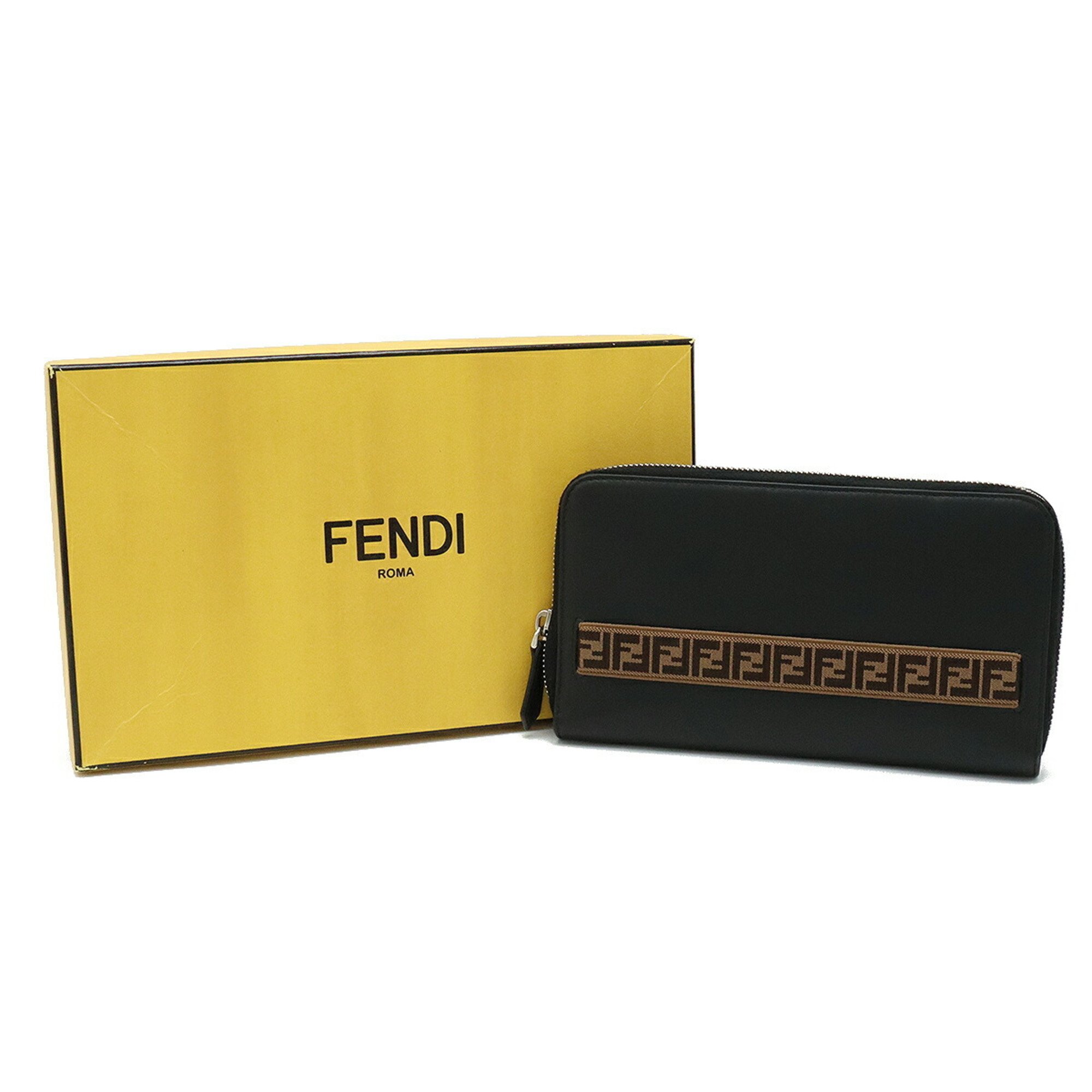 FENDI Round Long Wallet Organizer Leather Black 7M0276