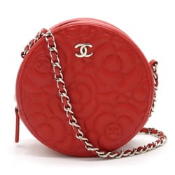 CHANEL Camellia Cocomark Round Classic Chain Shoulder Bag Pochette Leather Red AP0245