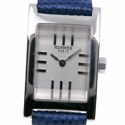 Hermes tandem watch TA1.210 stainless steel x leather Swiss made blue quartz analog display silver dial ladies