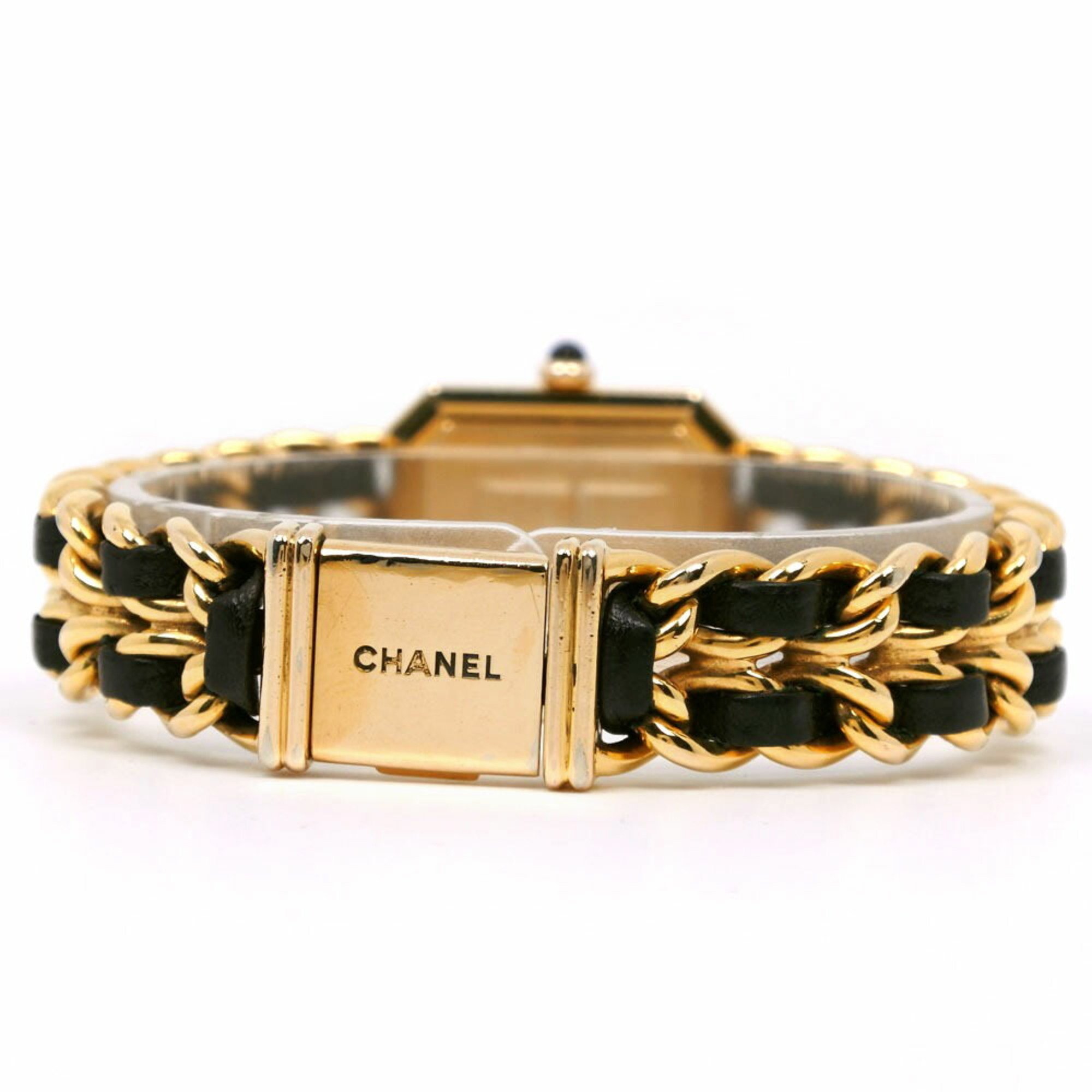 CHANEL Premiere L Watch H0001 Gold Plated x Leather Swiss Made Black/Gold Quartz Analog Display Black Dial Ladies