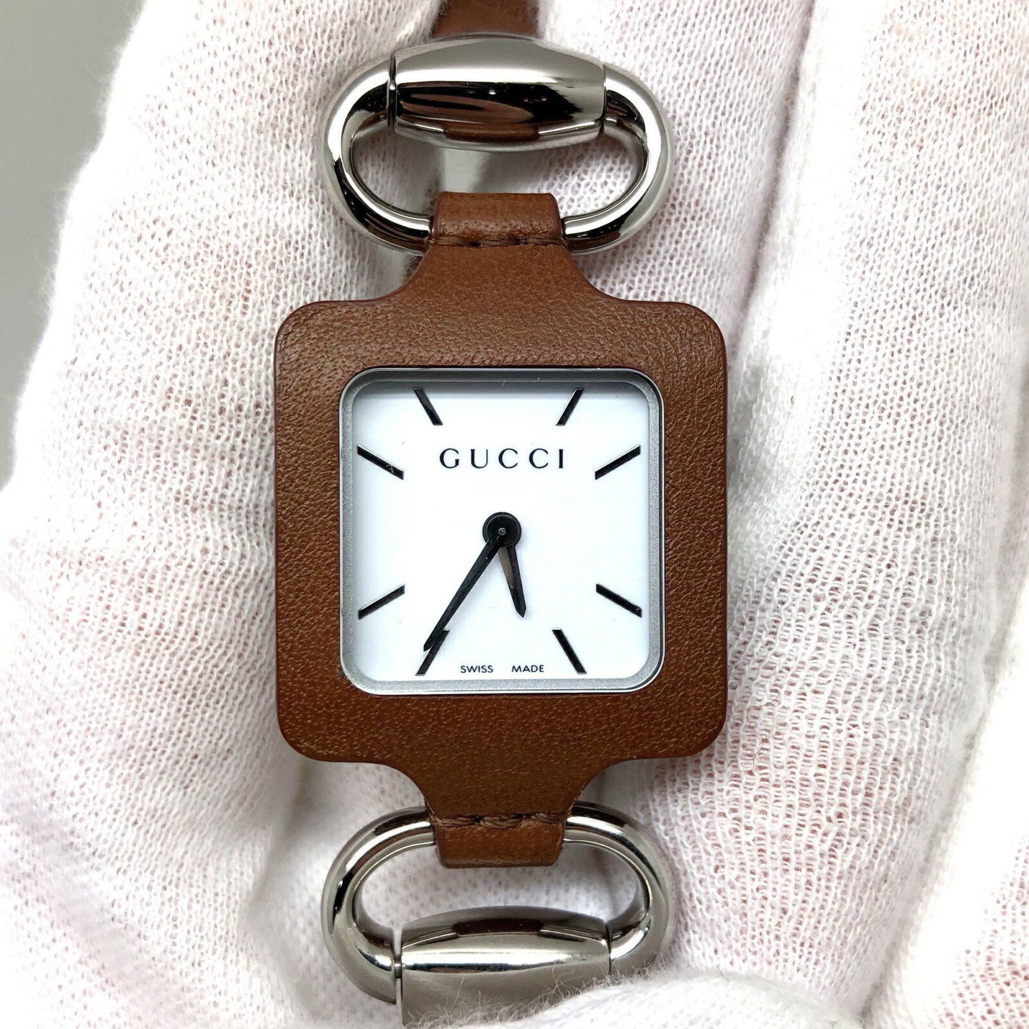 GUCCI Gucci Quartz Watch Square Crochette Bag Charm 130.5 Brown White Dial Stainless Steel Leather IT4YAOHHOAW0