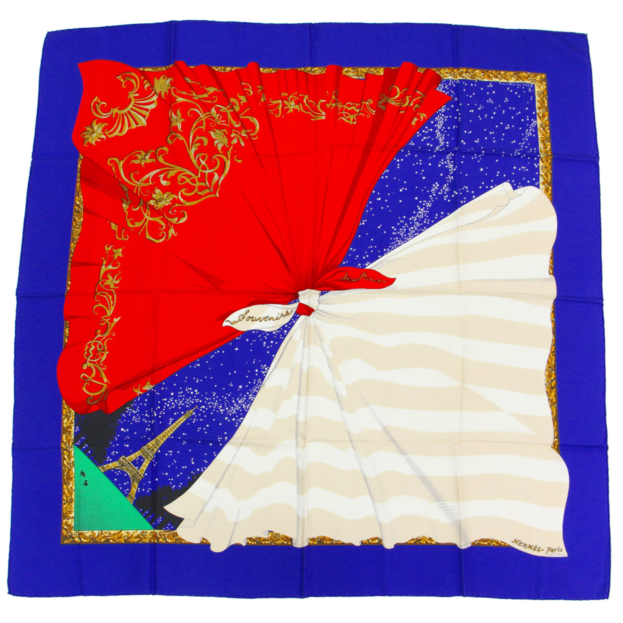 HERMES Muffler/Scarf Large Navy Red White Carre 90 Eiffel Tower Souvenirs de Paris Memories of Silk