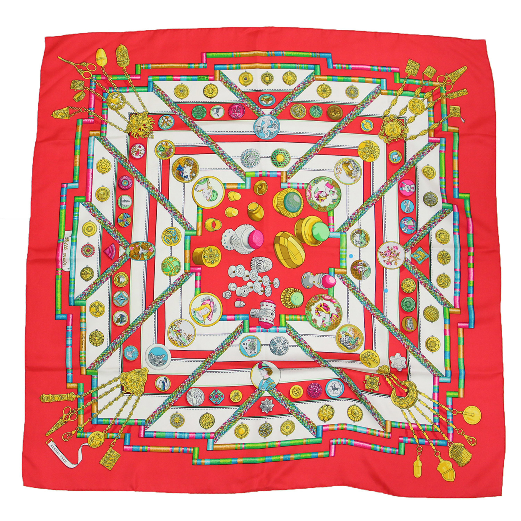 HERMES Muffler/Scarf Large Square Allover Print Silk Carre90 Pelile main VINTAGE Vintage Item Red Made in France