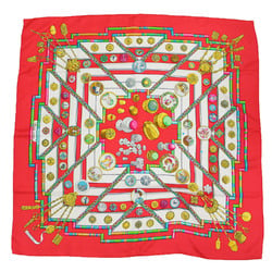 HERMES Muffler/Scarf Large Square Allover Print Silk Carre90 Pelile main VINTAGE Vintage Item Red Made in France