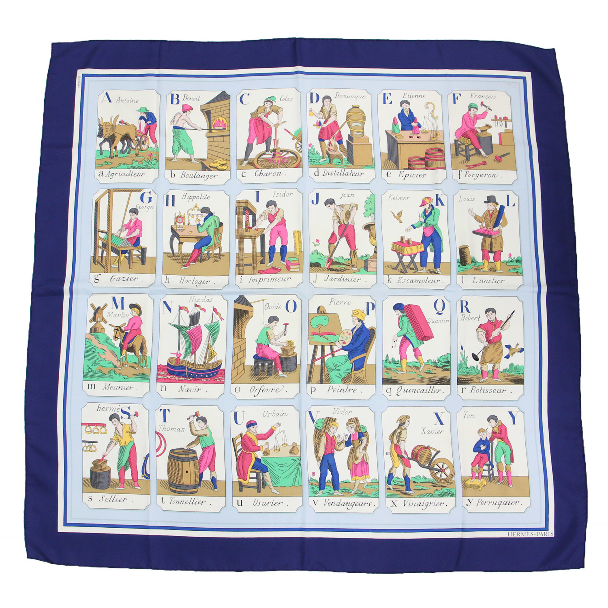 HERMES Muffler/Scarf Large Square Alphabet Pattern Print KARE90 LALPHABET DES METIERS Work Iroha VINTAGE Vintage Item Navy Light Blue White Series Made in France