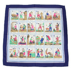 HERMES Muffler/Scarf Large Square Alphabet Pattern Print KARE90 LALPHABET DES METIERS Work Iroha VINTAGE Vintage Item Navy Light Blue White Series Made in France