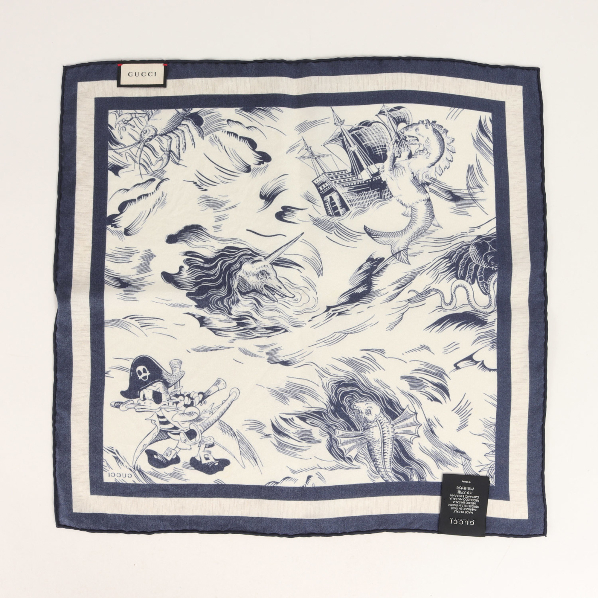 GUCCI Disney Pirates Donald Duck Handkerchief 461263 46001 9268 17SS Pirate Scarf White Navy 45cm x Made in Italy