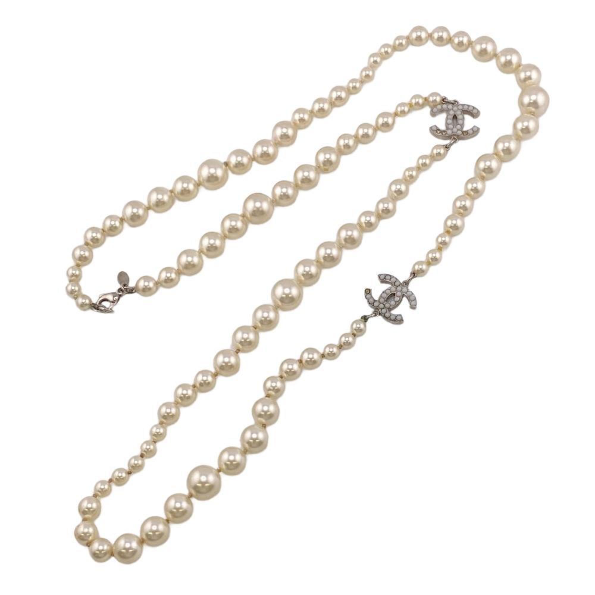 CHANEL Long Necklace Coco Mark White Ladies