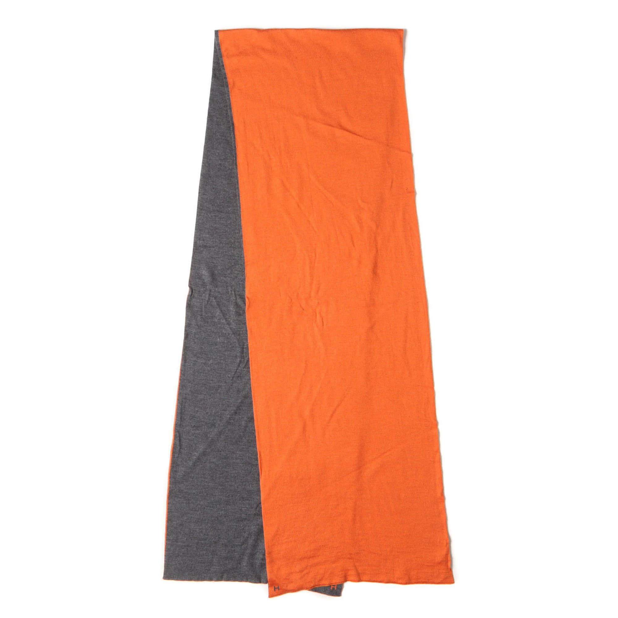 HERMES Hermes Ares Letour Cashmere Silk H Embroidery Stole Muffler Bicolor 2in1 Reversible Orange Gray Made in Italy