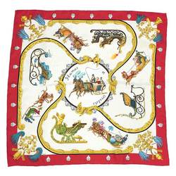 HERMES Scarf Muffler Carre 90 Plumes et Grelots Feather and bell pattern Red x Ivory 100% Silk Hermes aq8353