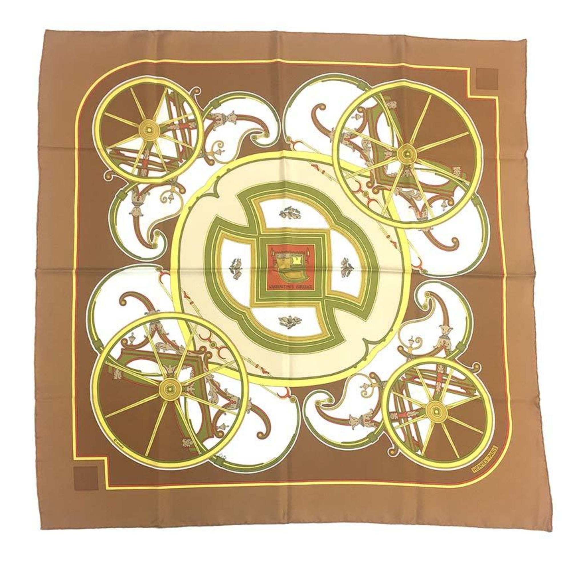 HERMES Hermes Carre 90 Scarf Muffler WASHINGTON'S CARRIAGE (George Washington's Carriage) Brown 100% Silk aq6226