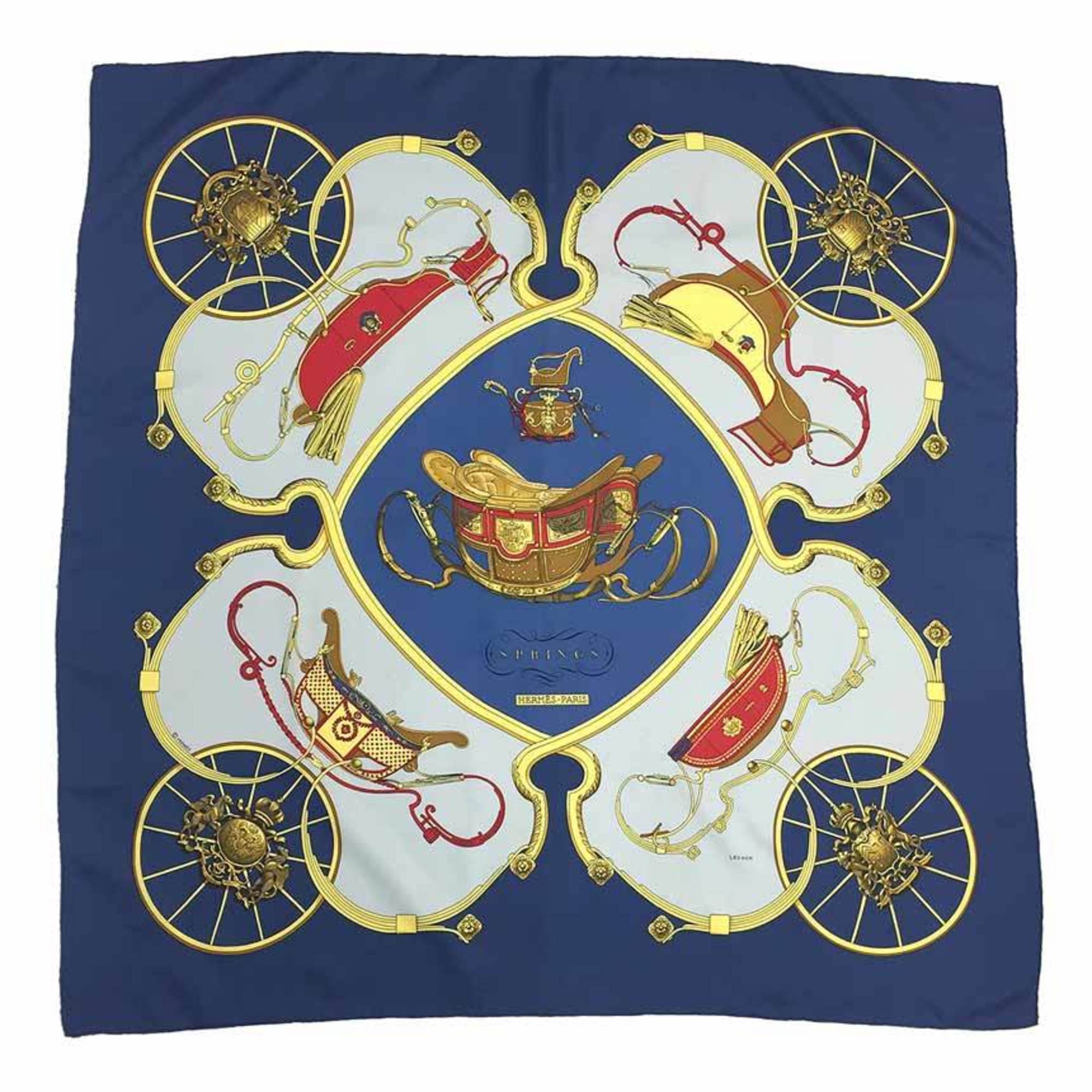 HERMES Hermes Carre 90 Scarf Muffler SPRINGS Carriage Pattern Blue 100% Silk aq6188