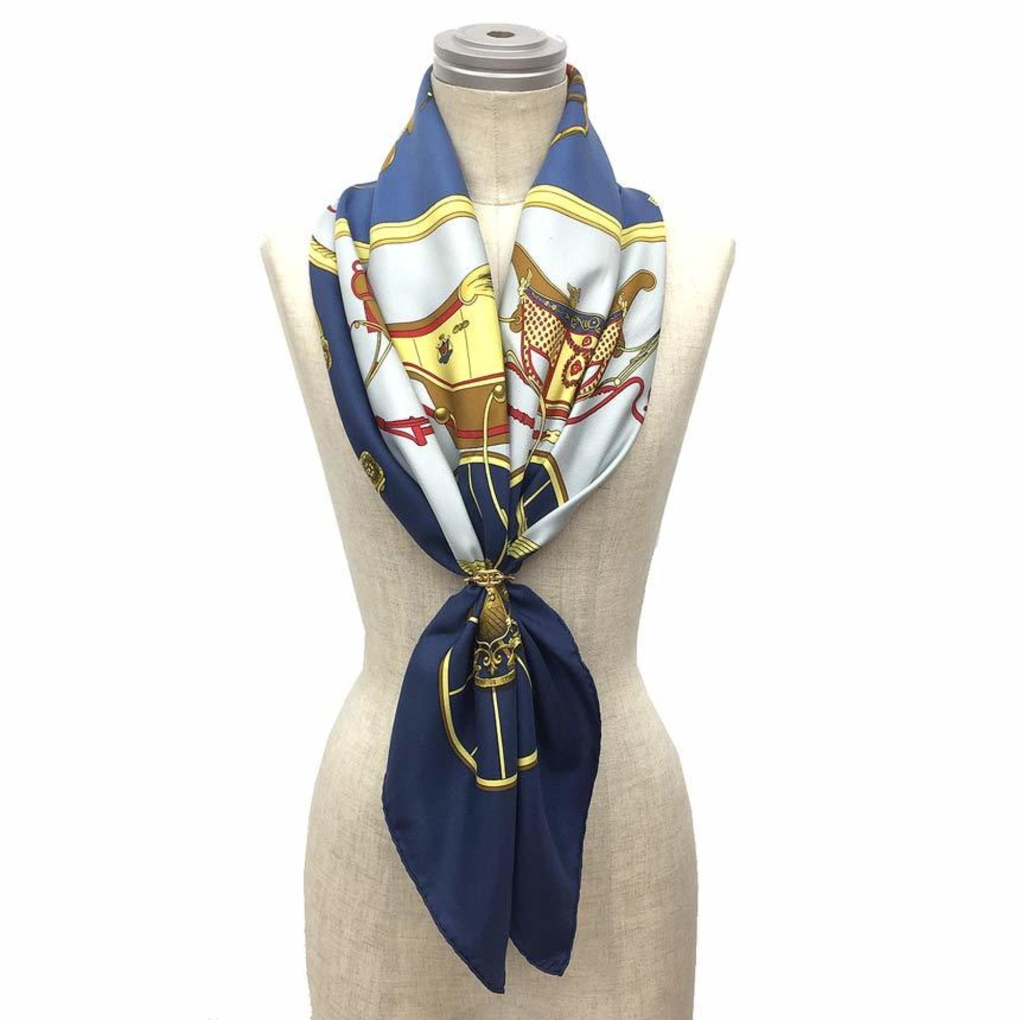 HERMES Hermes Carre 90 Scarf Muffler SPRINGS Carriage Pattern Blue 100% Silk aq6188