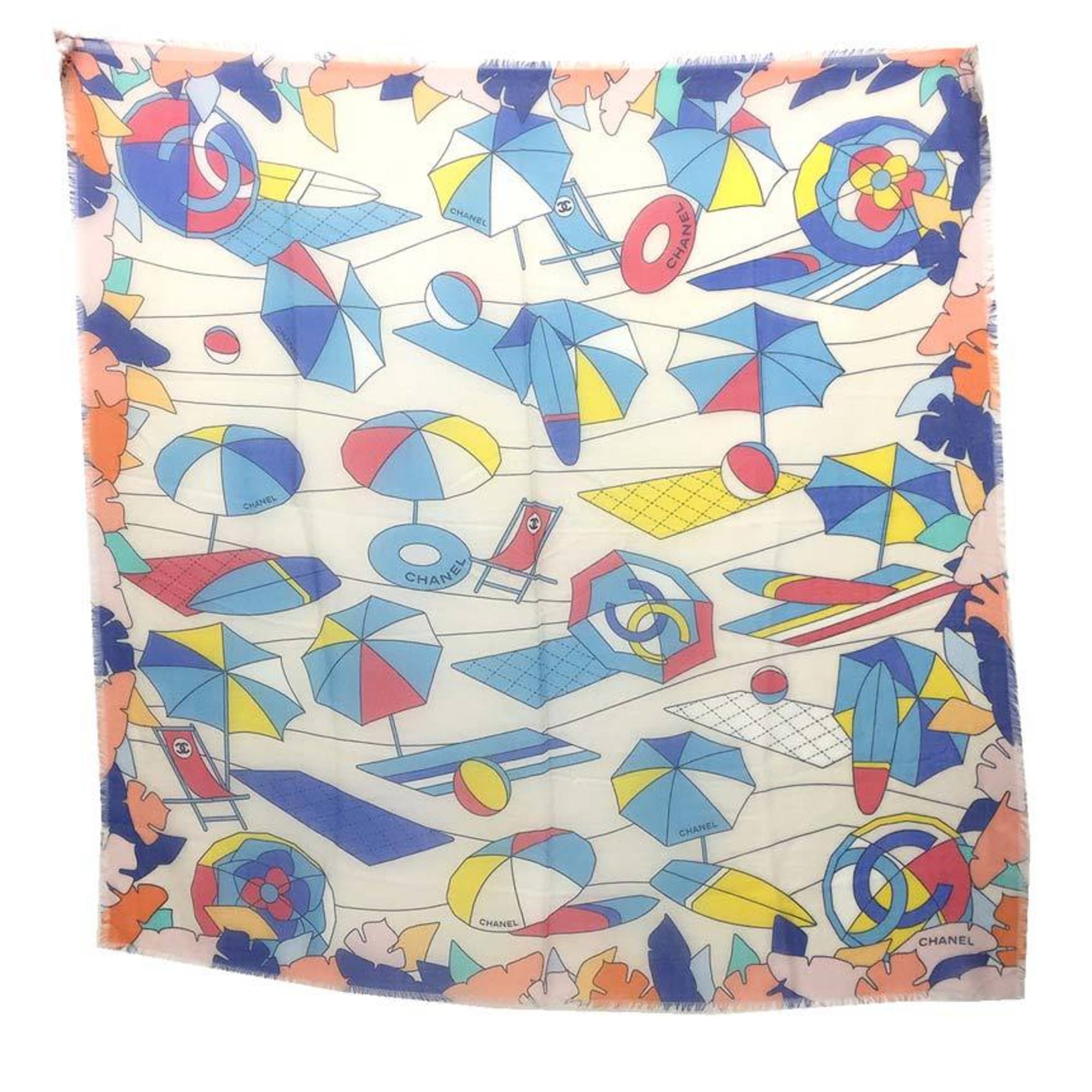 CHANEL Stole Shawl Large Coco Mark Parasol Umbrella Beach Pattern Cashmere Silk Multicolor Women's Small Scarf Muffler aq4181