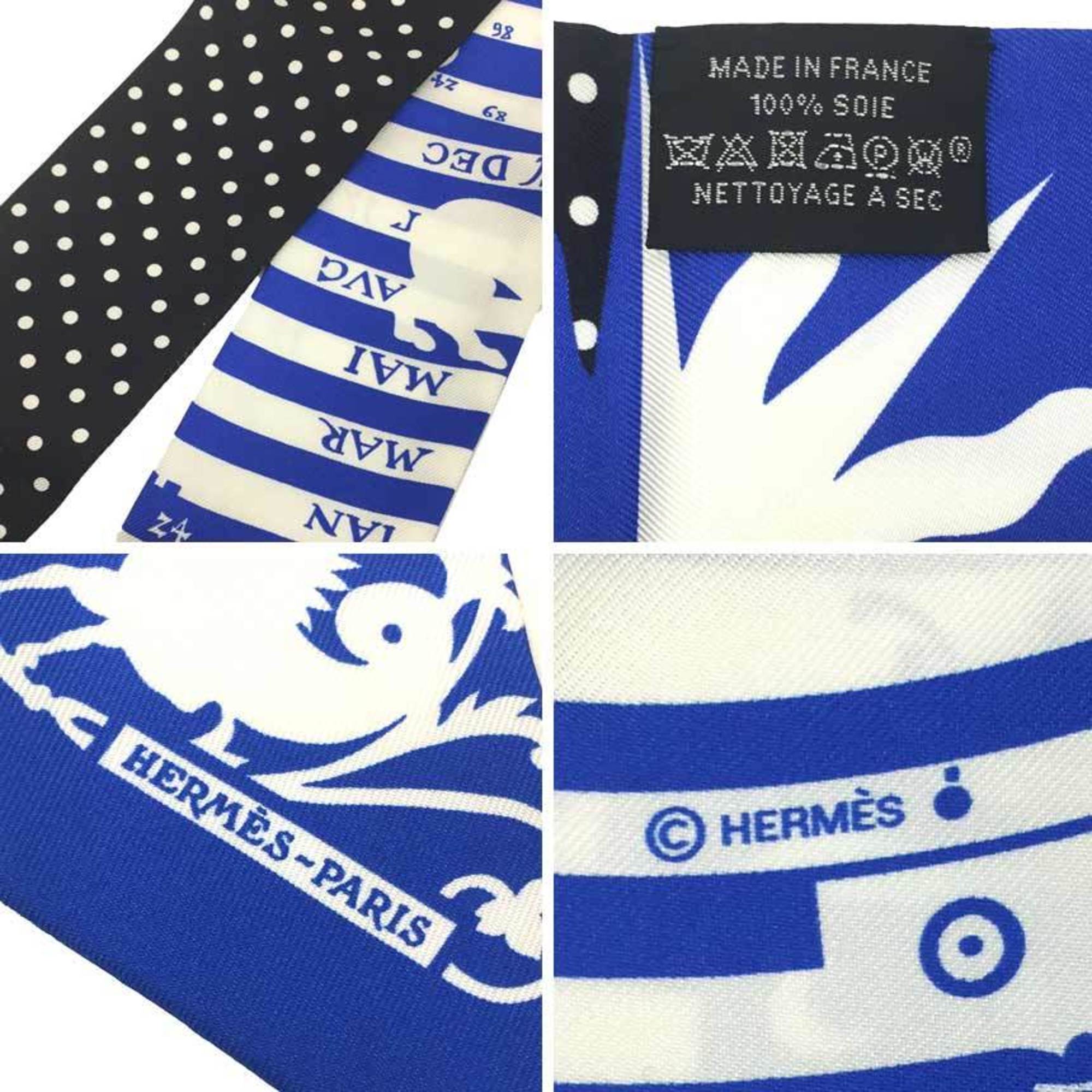 HERMES Twilly Scarf Muffler ASTROLOGIE DOT Astrologie a Pois Astrology Dot 2018 Blue Roy x Black White 100% Silk Hermes aq8361