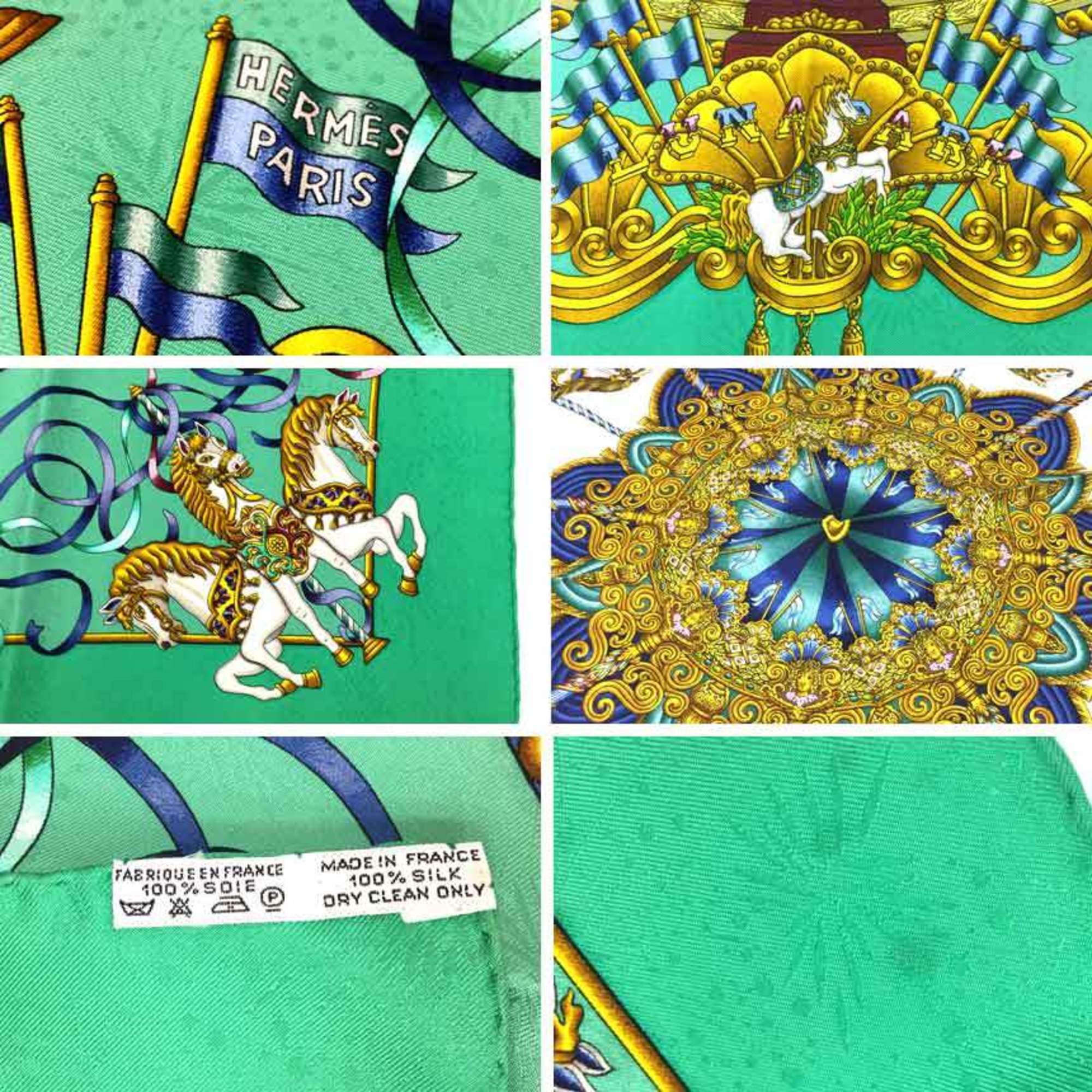 HERMES Carre 90 Scarf Muffler LUNA PARK Amusement Park Carousel Embroidery Green 100% Silk Hermes aq5159