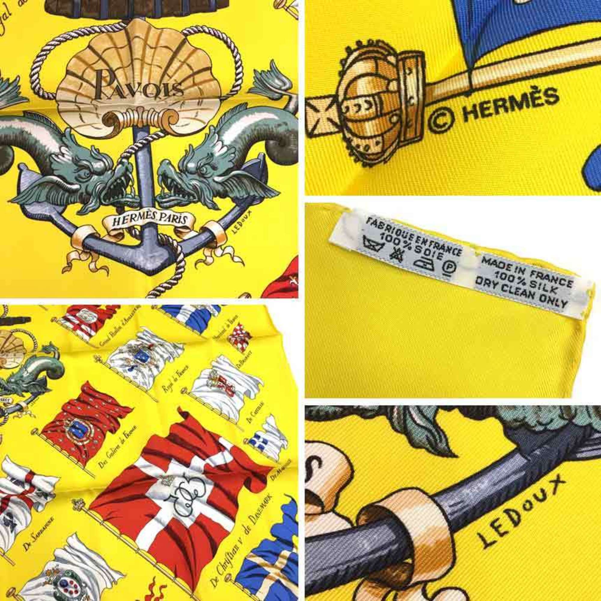 HERMES Hermes Carre 90 Scarf Muffler PAVOIS Ship Flag Pattern 100% Silk Yellow aq5898
