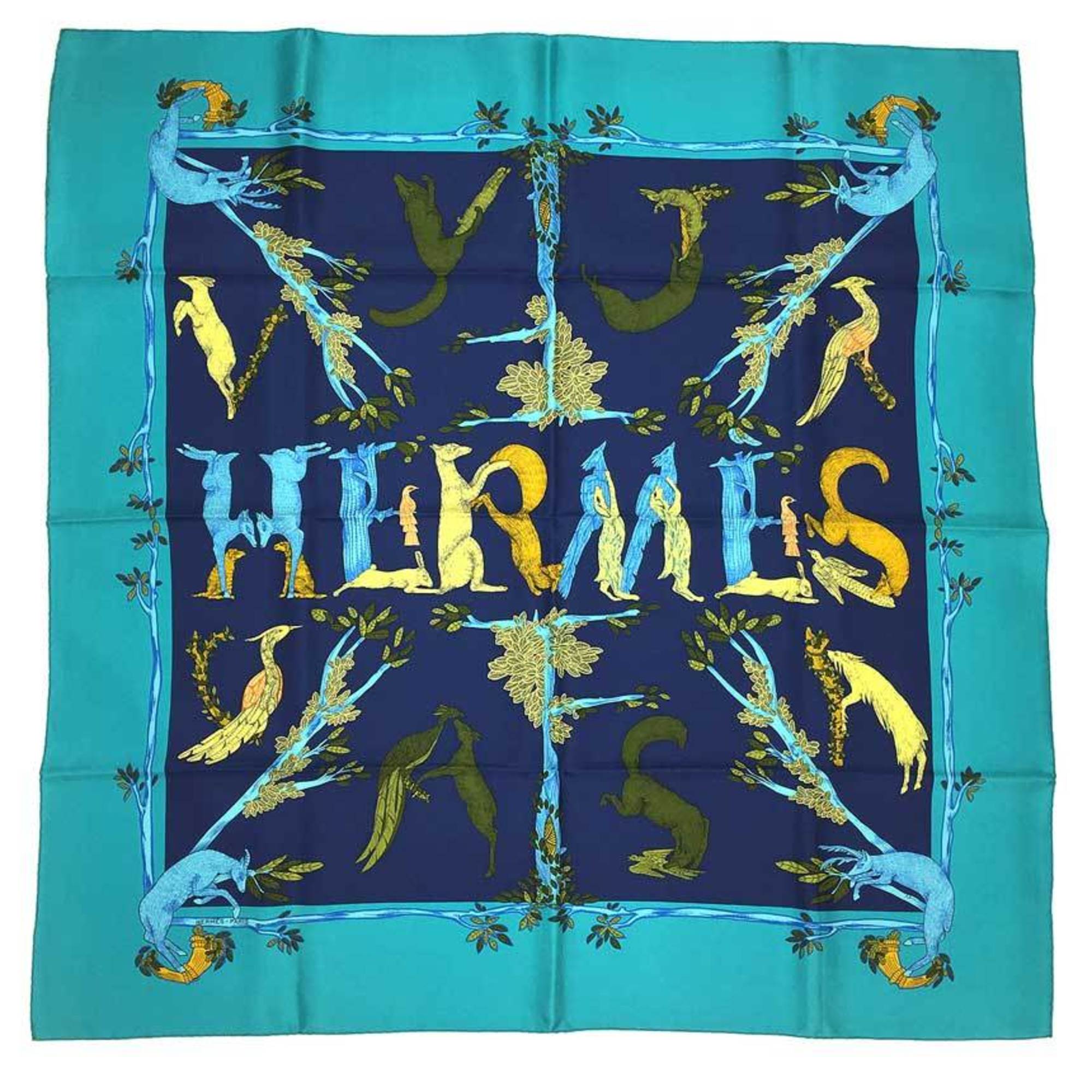 HERMES Hermes Carre 90 Scarf Muffler ANIMAL ALPHABET Animal Alphabet Forest Movement Navy x Turquoise Blue Silk aq7381