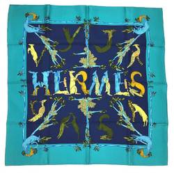 HERMES Hermes Carre 90 Scarf Muffler ANIMAL ALPHABET Animal Alphabet Forest Movement Navy x Turquoise Blue Silk aq7381