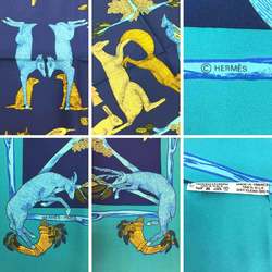 HERMES Hermes Carre 90 Scarf Muffler ANIMAL ALPHABET Animal Alphabet Forest Movement Navy x Turquoise Blue Silk aq7381