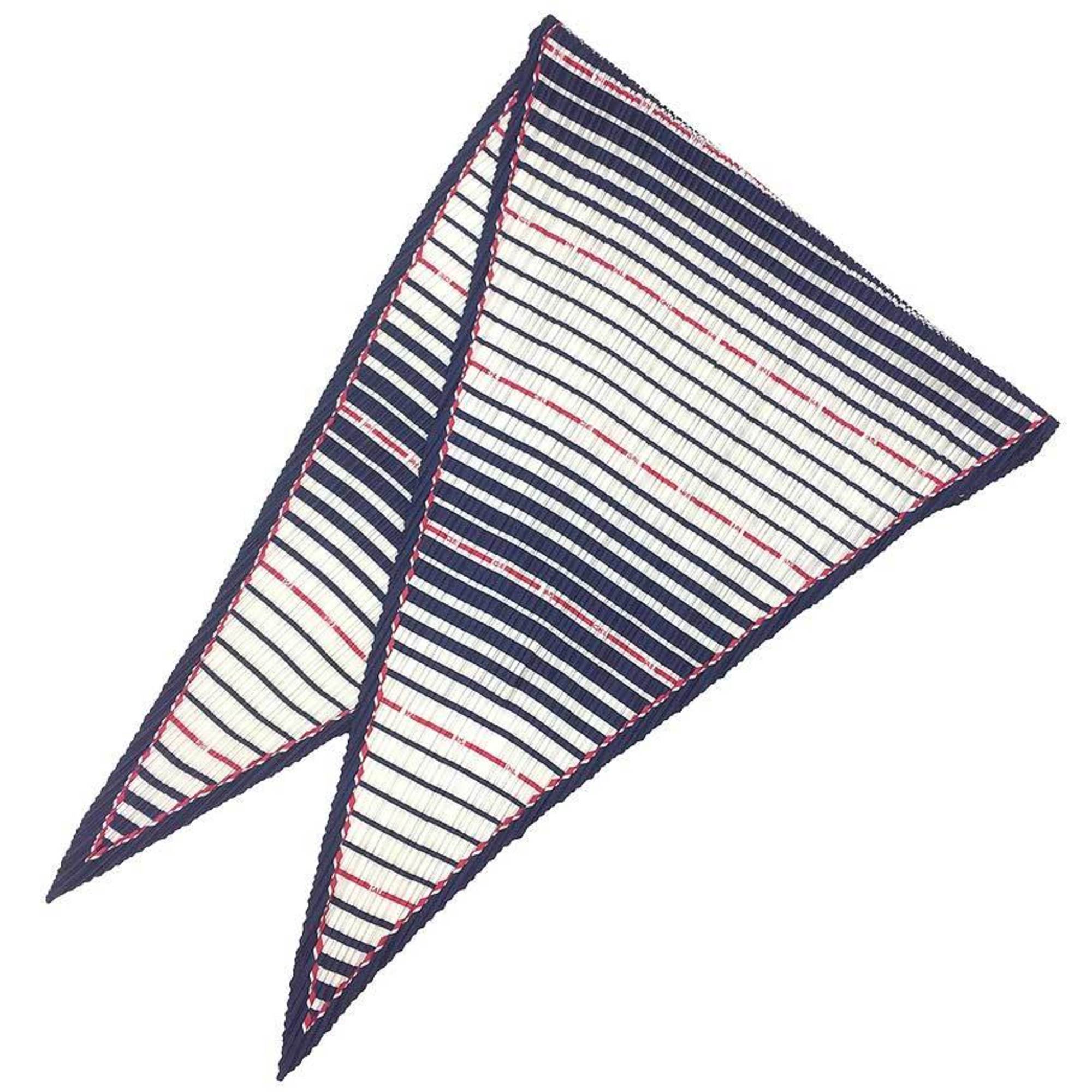 CHANEL Pleated Scarf Triangle Carre 100% Silk White x Navy Striped Muffler aq7157