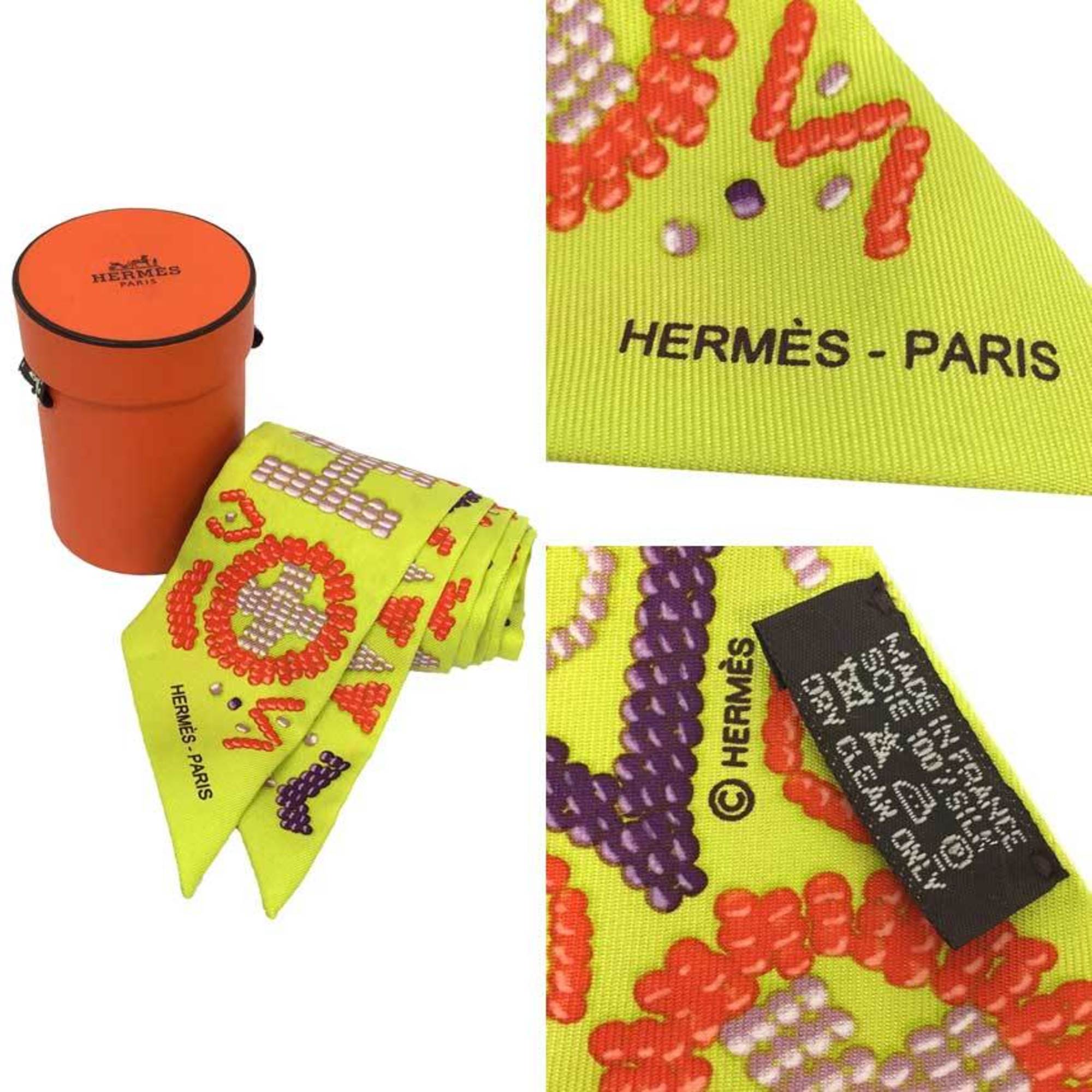 HERMES Hermes Twilly Scarf Muffler KELLY EN PERLES Beads H Yellow Green 100% Silk aq6948