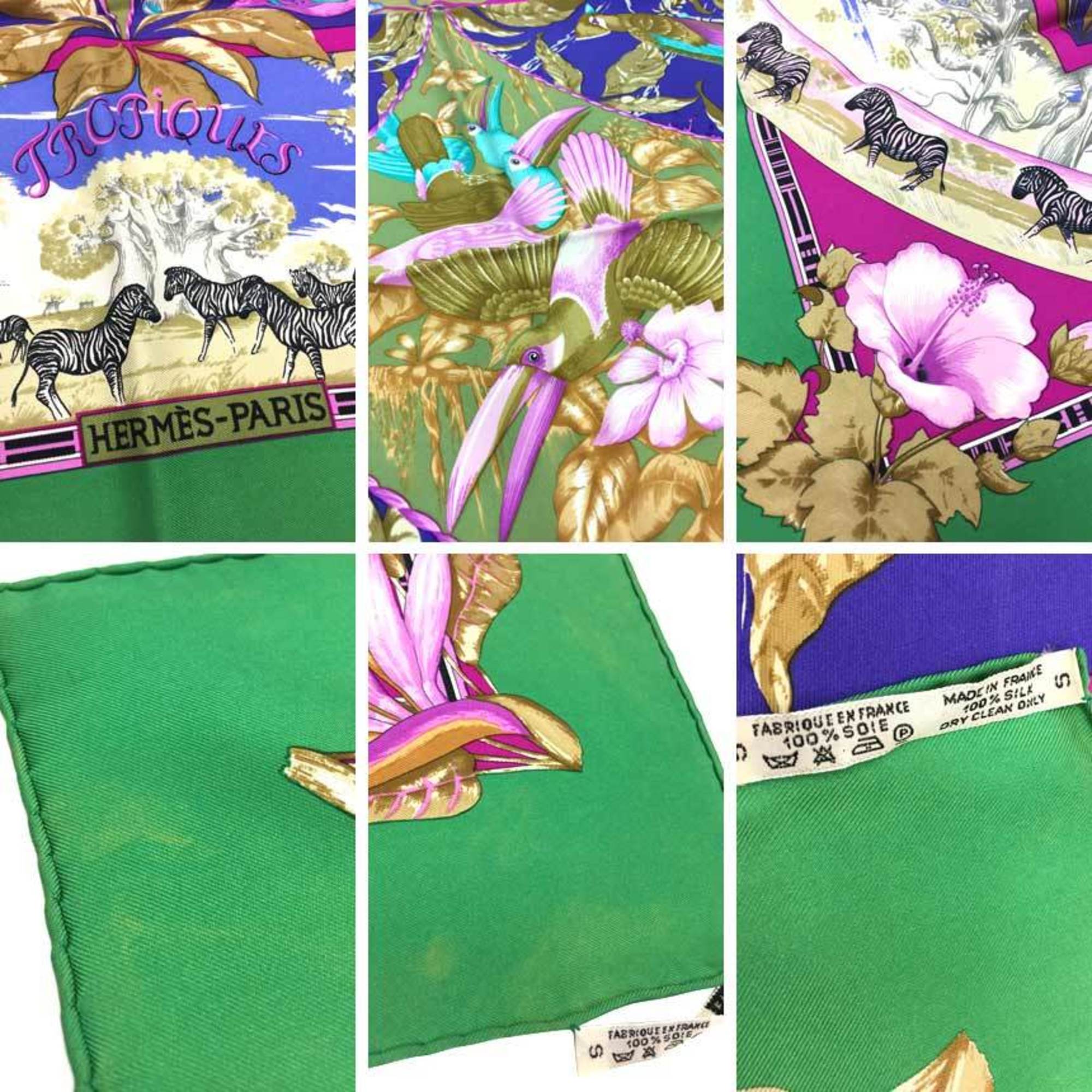 HERMES Scarf Muffler Carre 90 TROPIQUES Tropical/Tropic Tucan/Giraffe/Zebra/Flower/Bird/Animal/Dot Silk Purple/Green aq6429 a6429