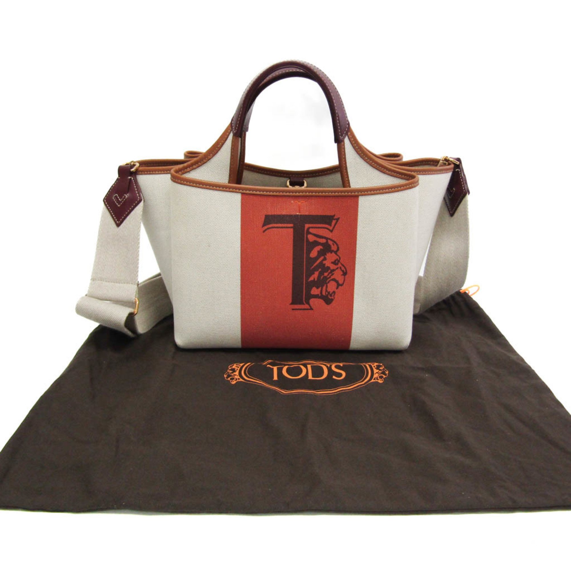 Tod's XBWAPAFT100RB81O26 Women's Canvas,Leather Handbag Beige,Red Brown