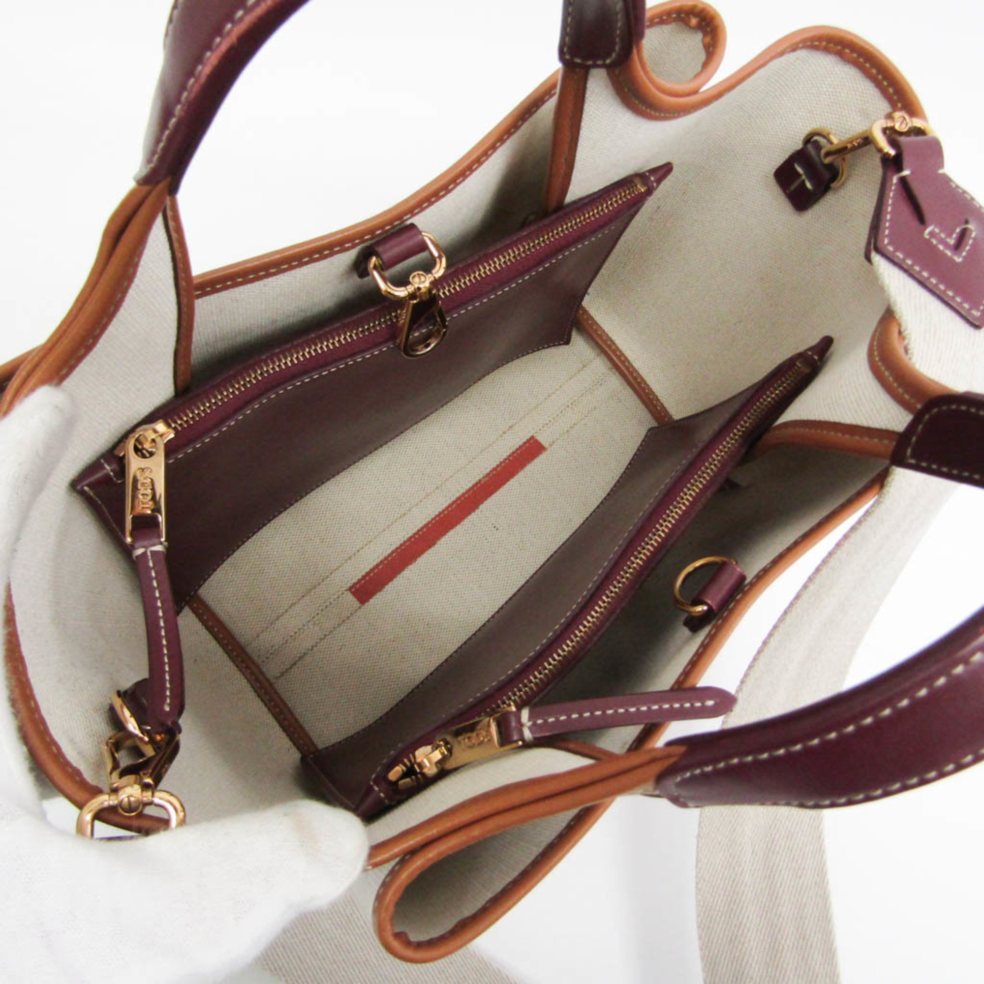 Tod's XBWAPAFT100RB81O26 Women's Canvas,Leather Handbag Beige,Red Brown