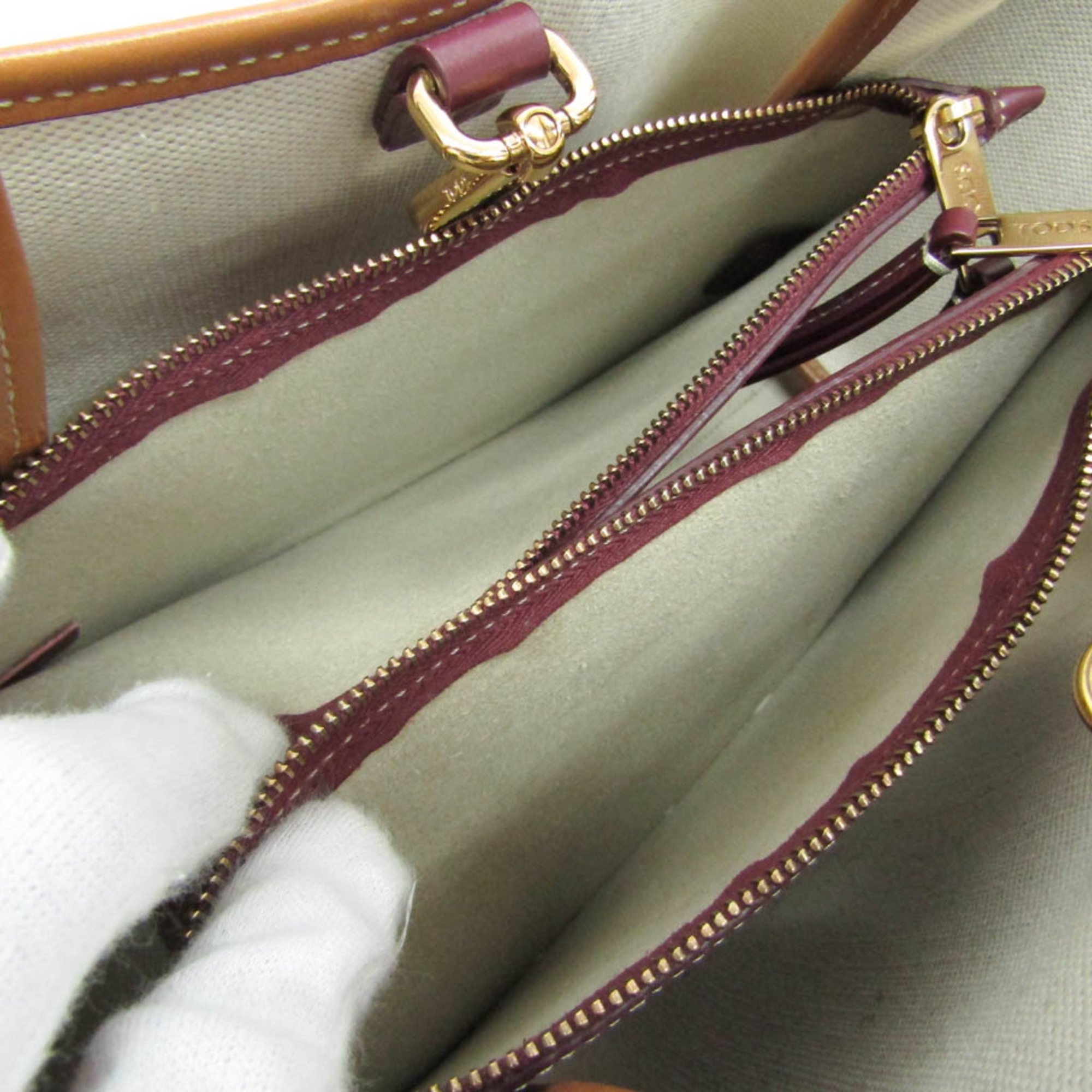 Tod's XBWAPAFT100RB81O26 Women's Canvas,Leather Handbag Beige,Red Brown