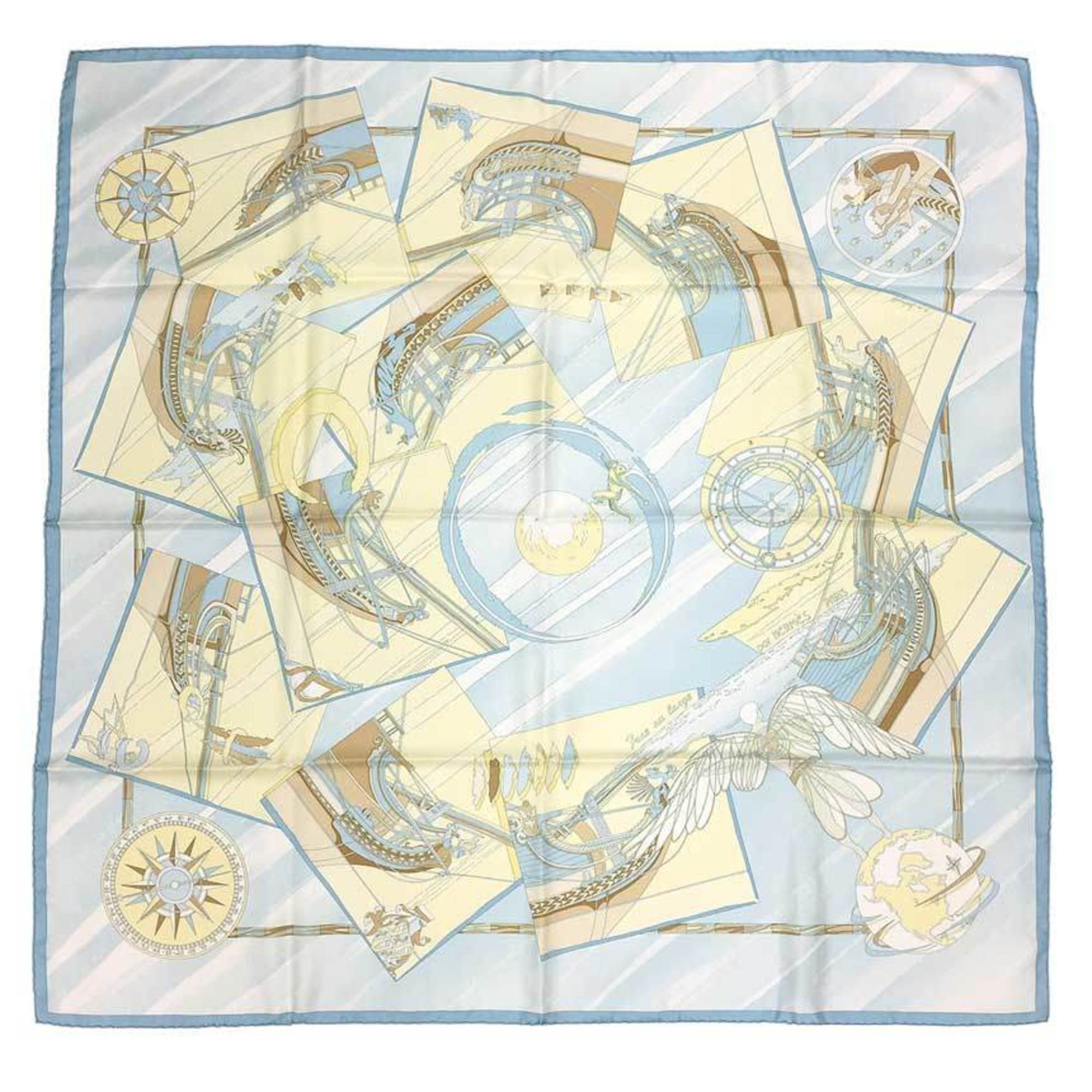 HERMES Scarf Muffler Carre 90 Face au Large Offshore Light Blue 100% Silk Hermes aq7377