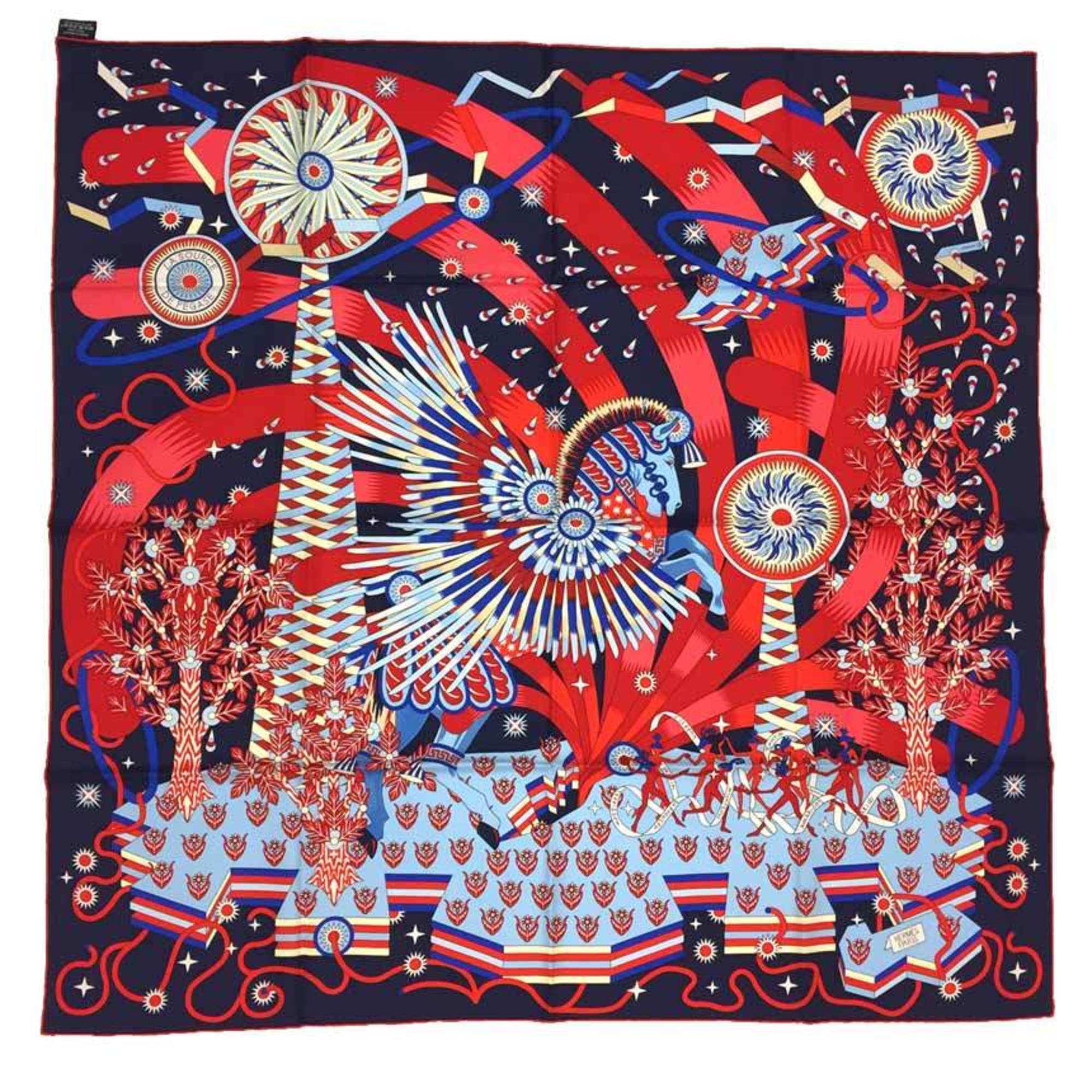 HERMES Hermes Carre 90 Scarf Muffler La Source de Pegase of Pegasus Red x Blue Silk aq7379