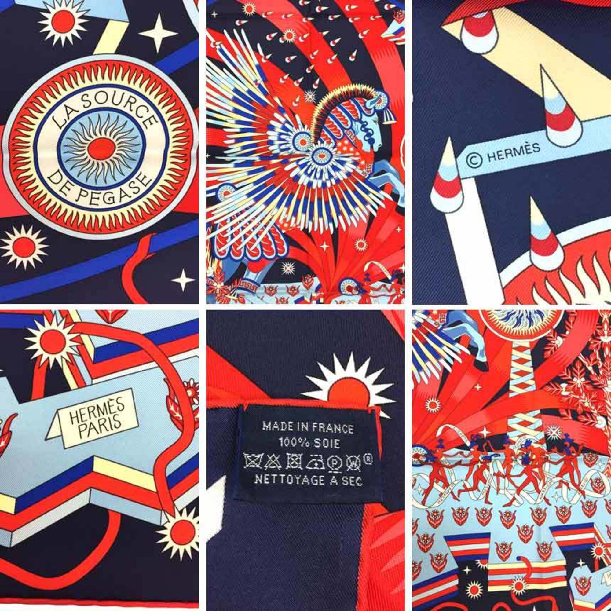 HERMES Hermes Carre 90 Scarf Muffler La Source de Pegase of Pegasus Red x Blue Silk aq7379