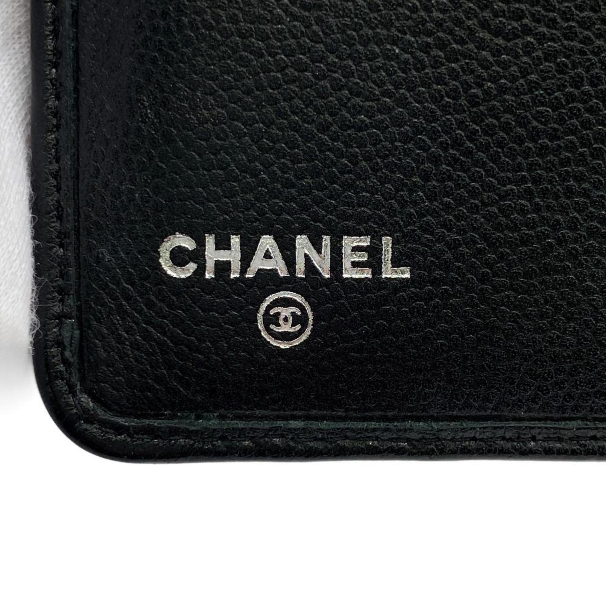 CHANEL Caviar Skin Coco Mark Bifold Wallet Black Ladies